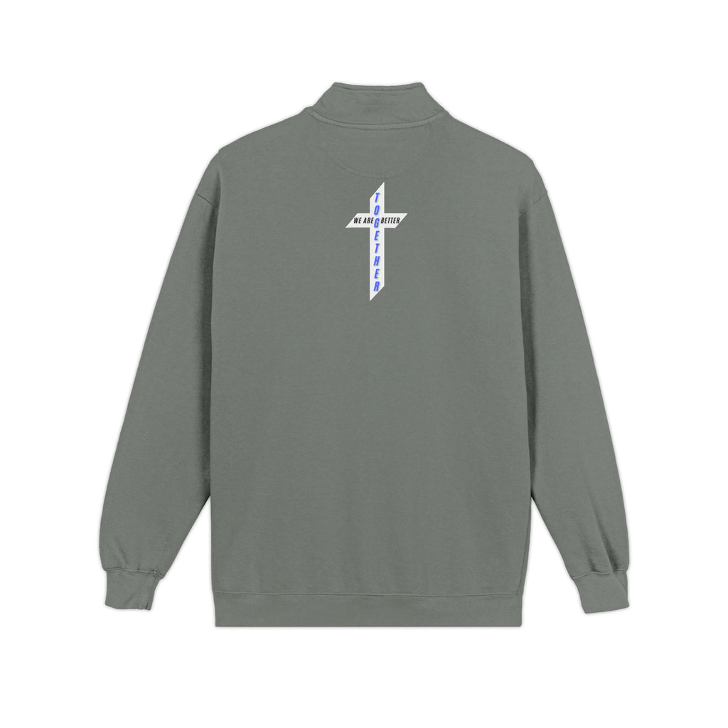 Quarter-Zip Sweatshirt — Small Chest Badge & Back Cross Graphic (Faith-Inspired)