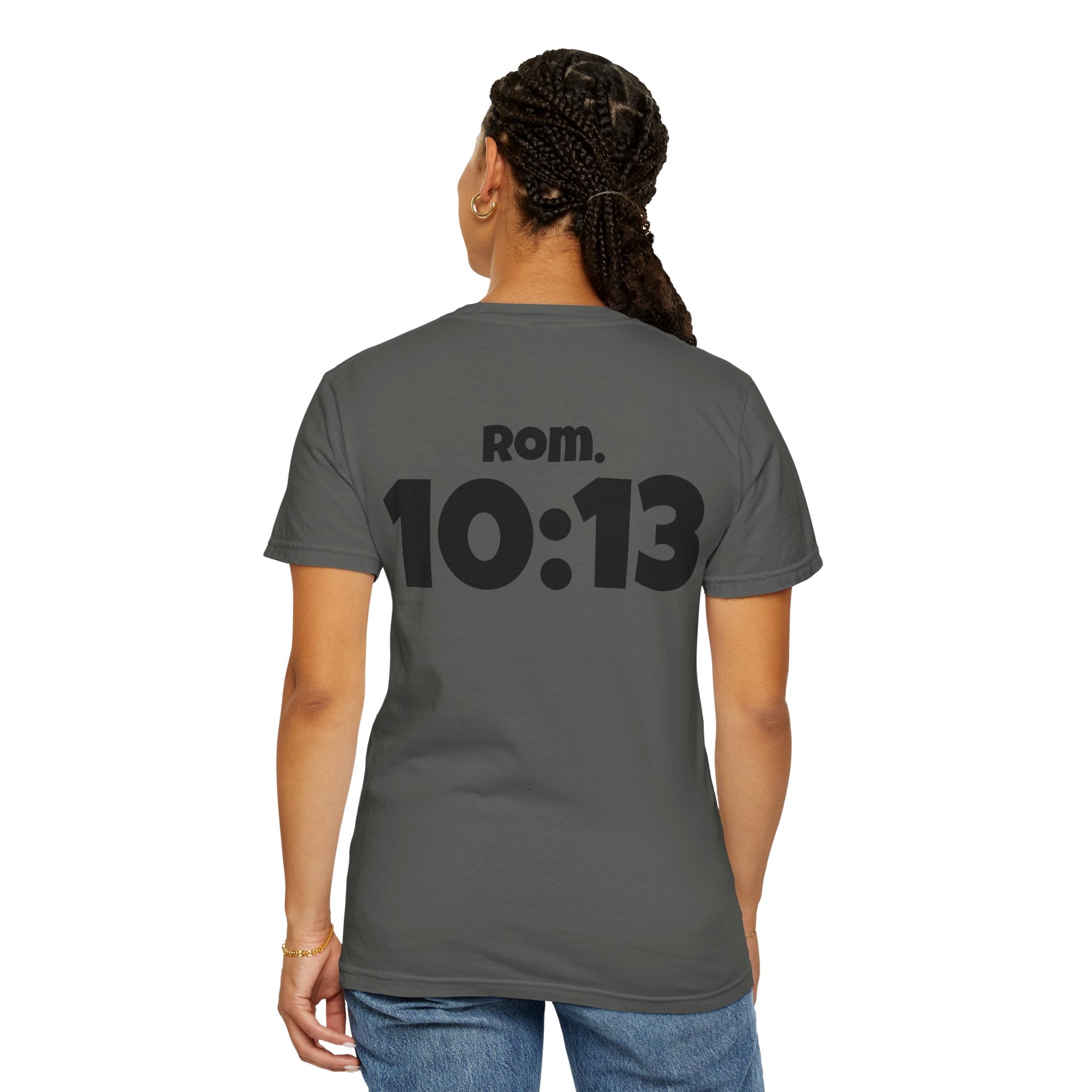 Christian T-Shirt — "Paid For" Cross Design with Rom. 10:13 Back