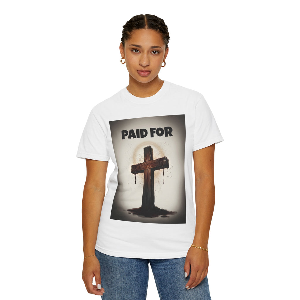Christian T-Shirt — "Paid For" Cross Design with Rom. 10:13 Back