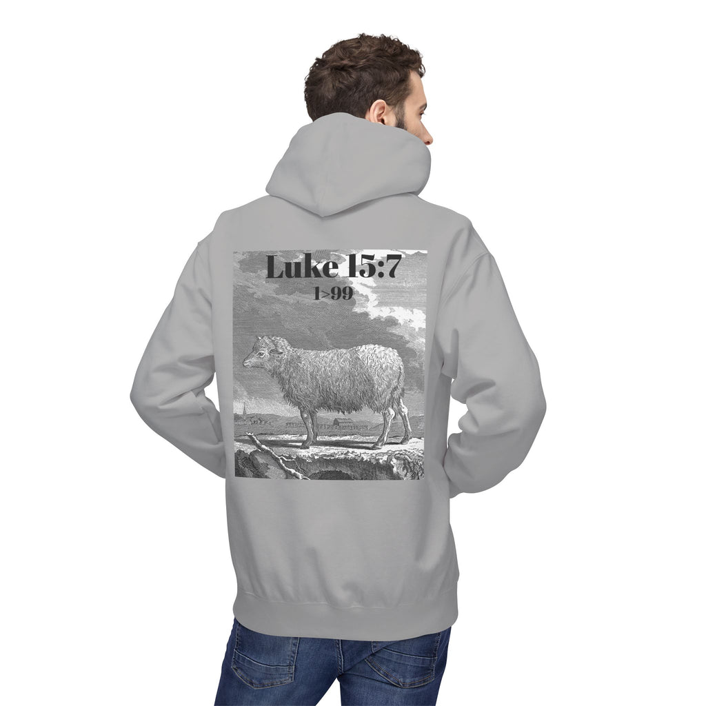 Sheep Graphic Hoodie – "FOUND" Front & Luke 15:7 Back Religious Pullover