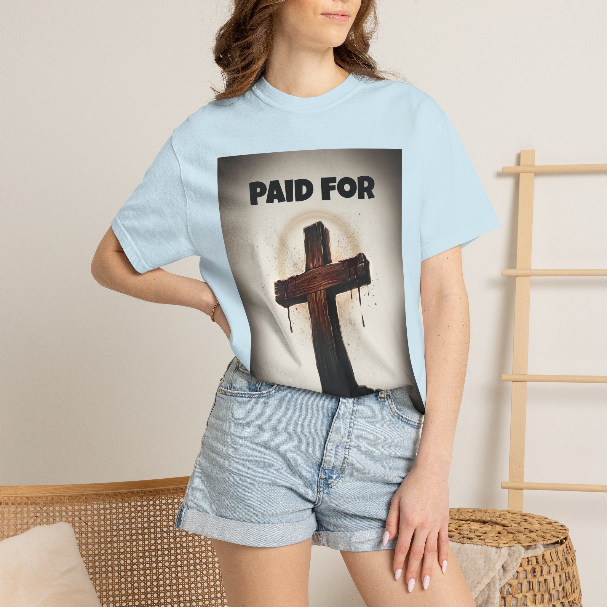 Christian T-Shirt — "Paid For" Cross Design with Rom. 10:13 Back