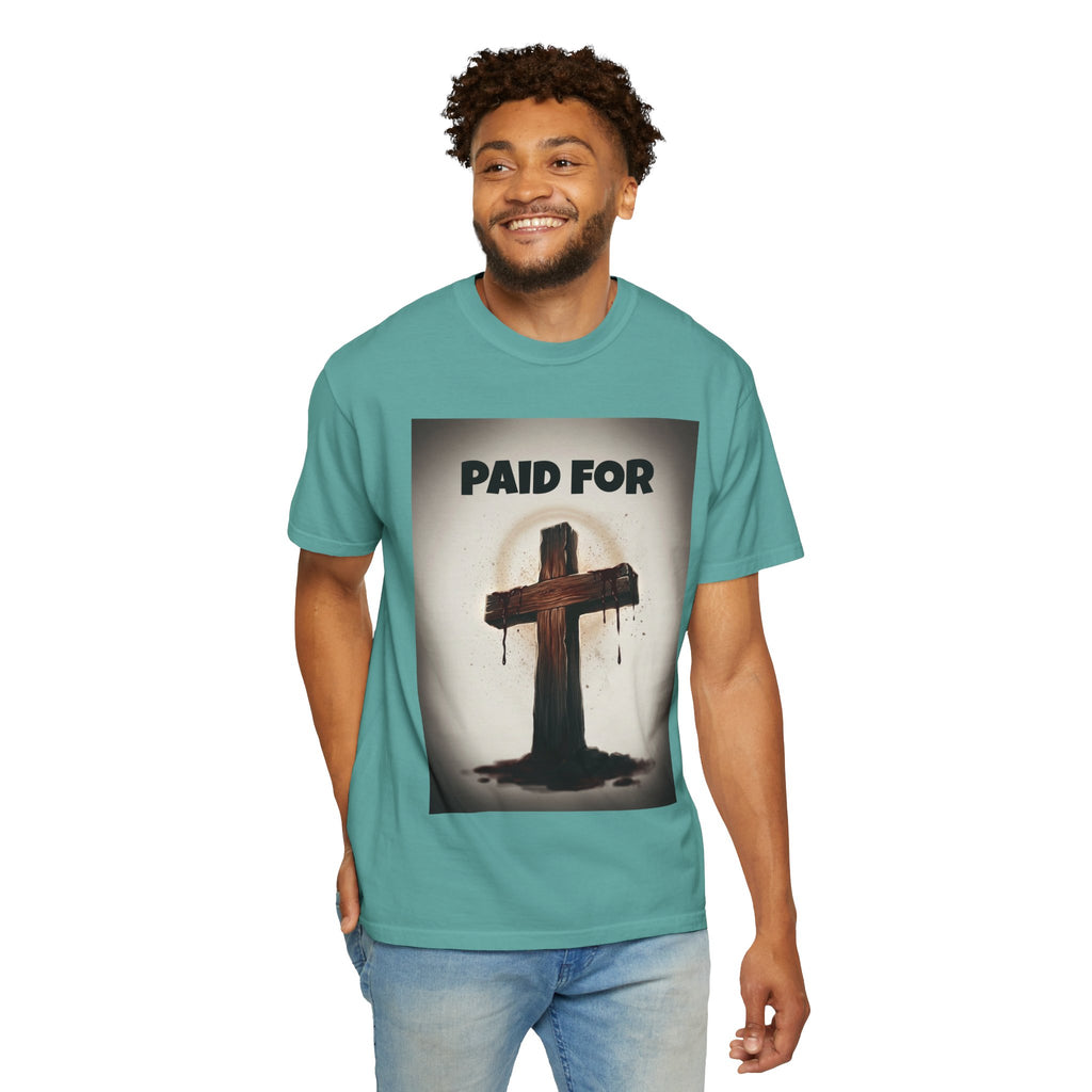 Christian T-Shirt — "Paid For" Cross Design with Rom. 10:13 Back