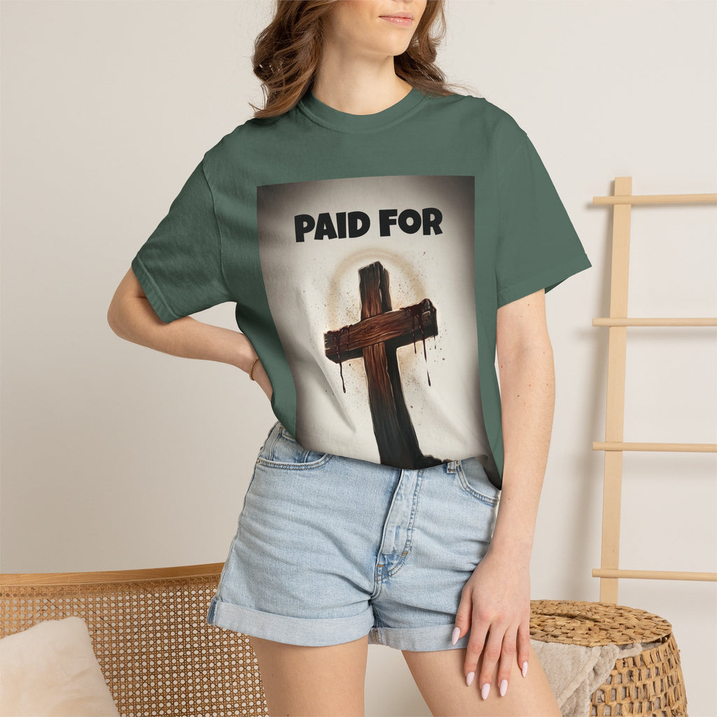 Christian T-Shirt — "Paid For" Cross Design with Rom. 10:13 Back