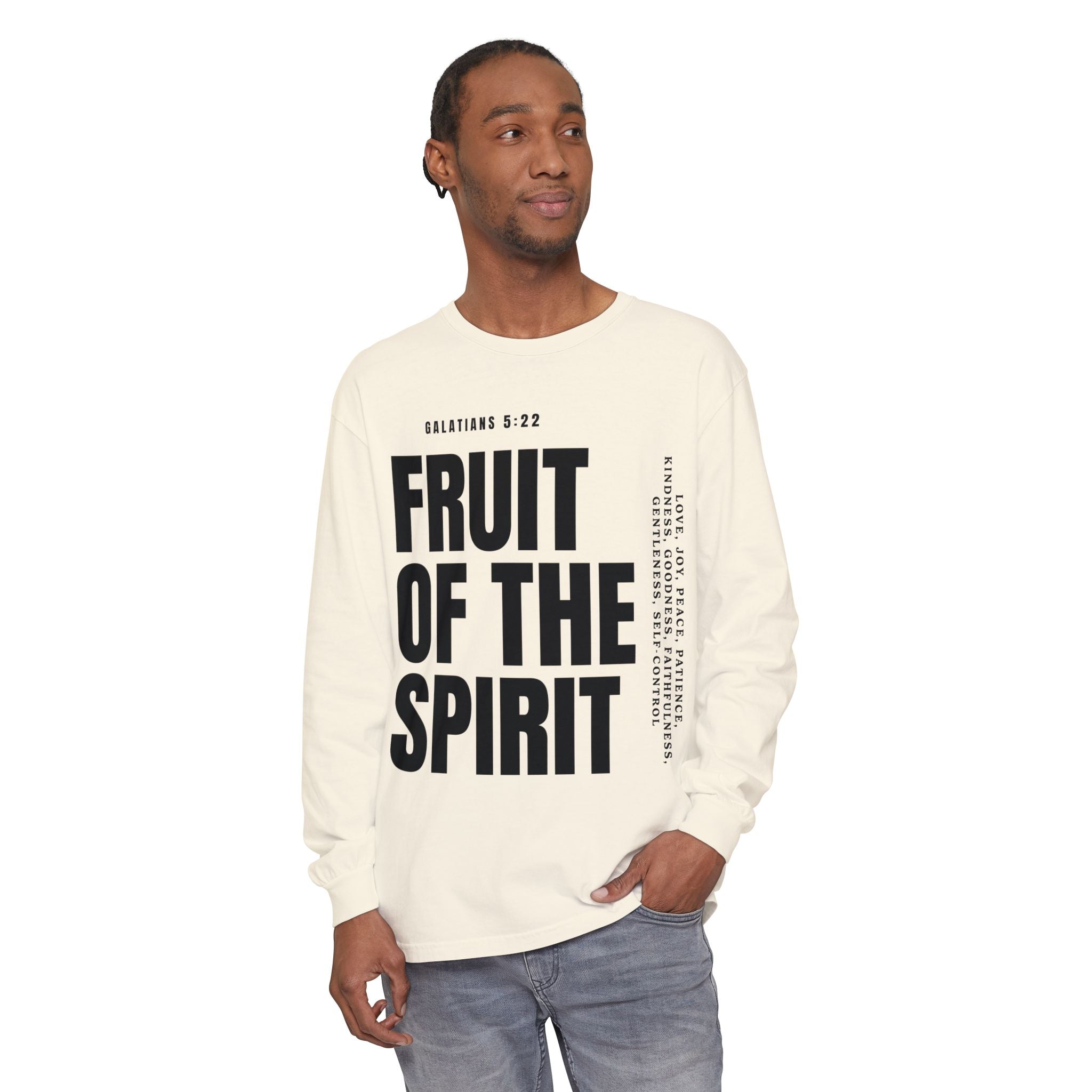 Fruit of the Spirit Long Sleeve Tee — Galatians 5:22 Christian Graphic Shirt (Be Fruitful)
