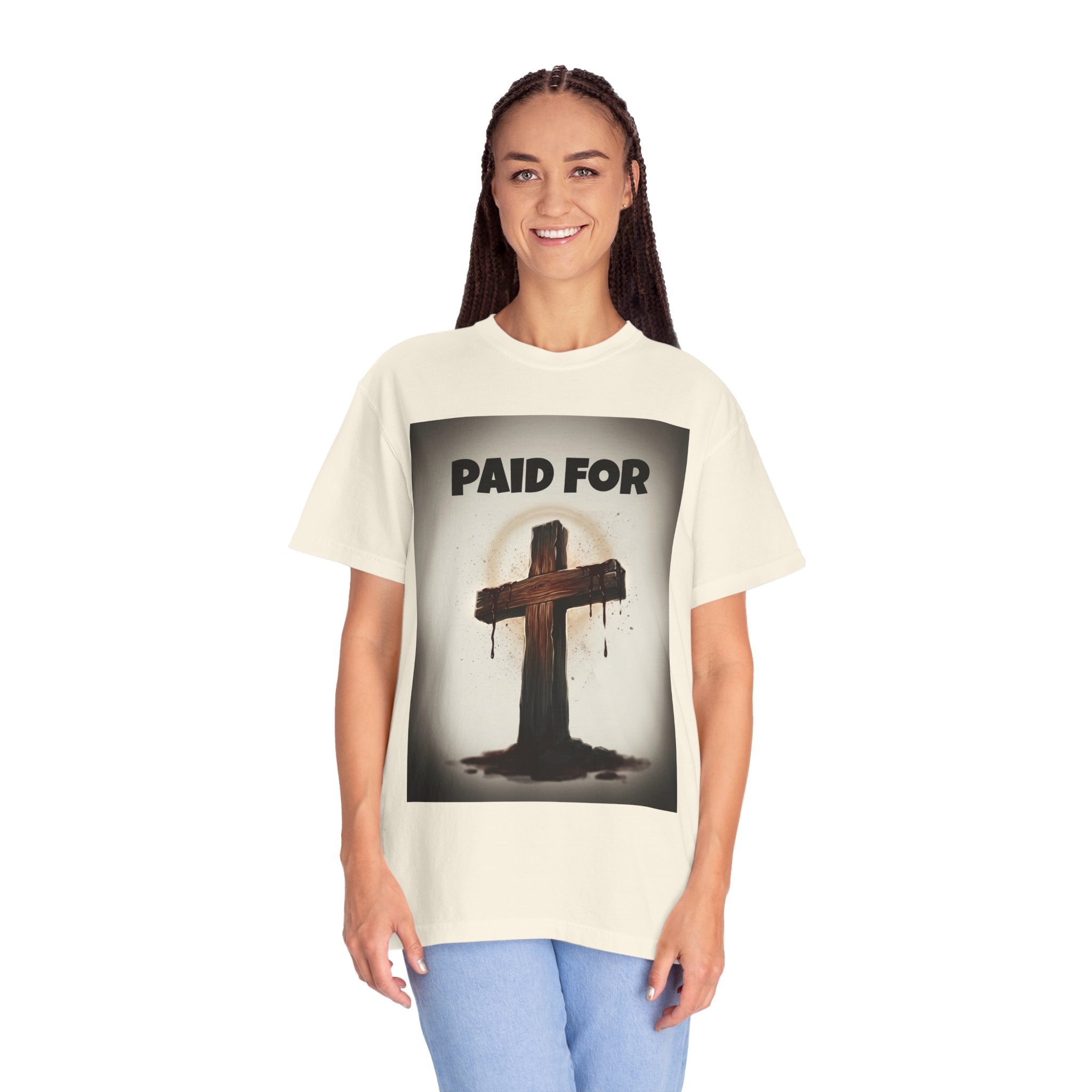 Christian T-Shirt — "Paid For" Cross Design with Rom. 10:13 Back