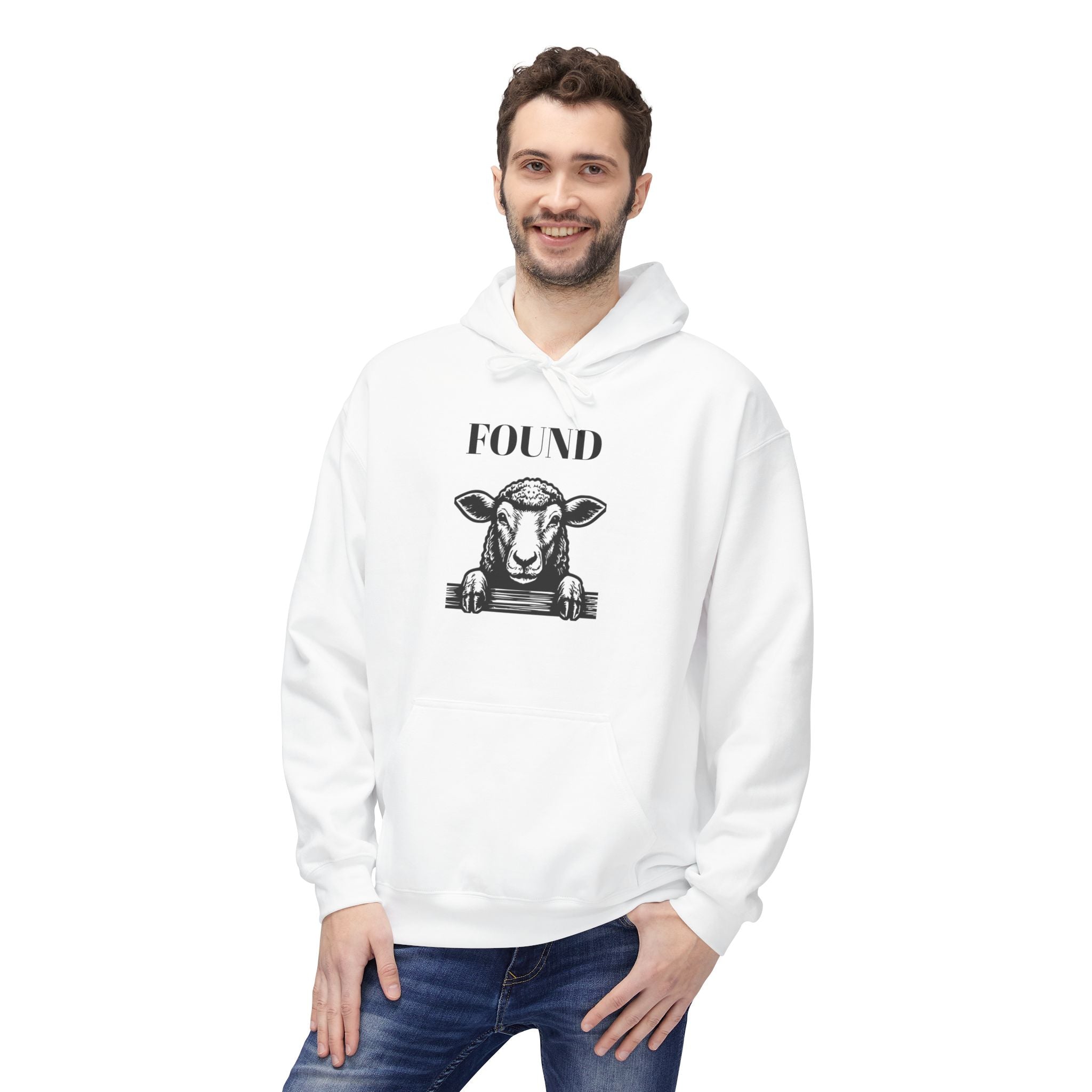Sheep Graphic Hoodie – "FOUND" Front & Luke 15:7 Back Religious Pullover