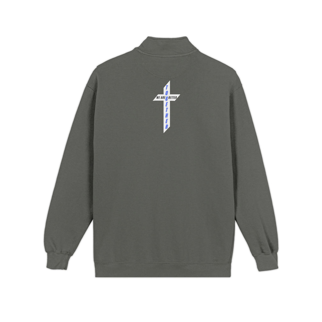 Quarter-Zip Sweatshirt — Small Chest Badge & Back Cross Graphic (Faith-Inspired)