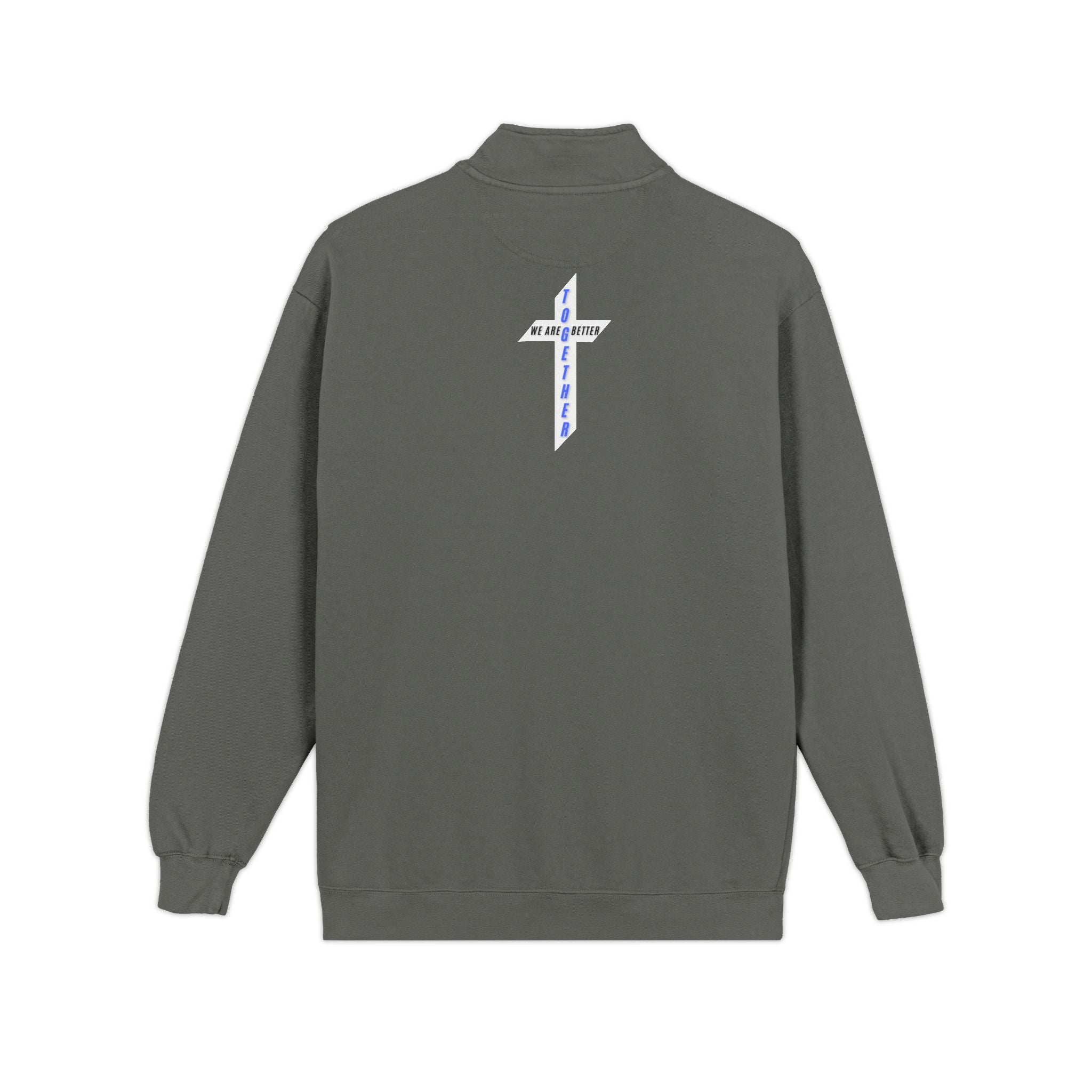Quarter-Zip Sweatshirt — Small Chest Badge & Back Cross Graphic (Faith-Inspired)