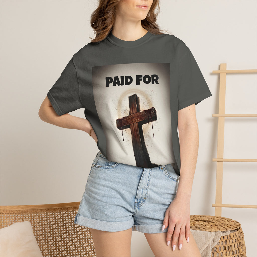Christian T-Shirt — "Paid For" Cross Design with Rom. 10:13 Back