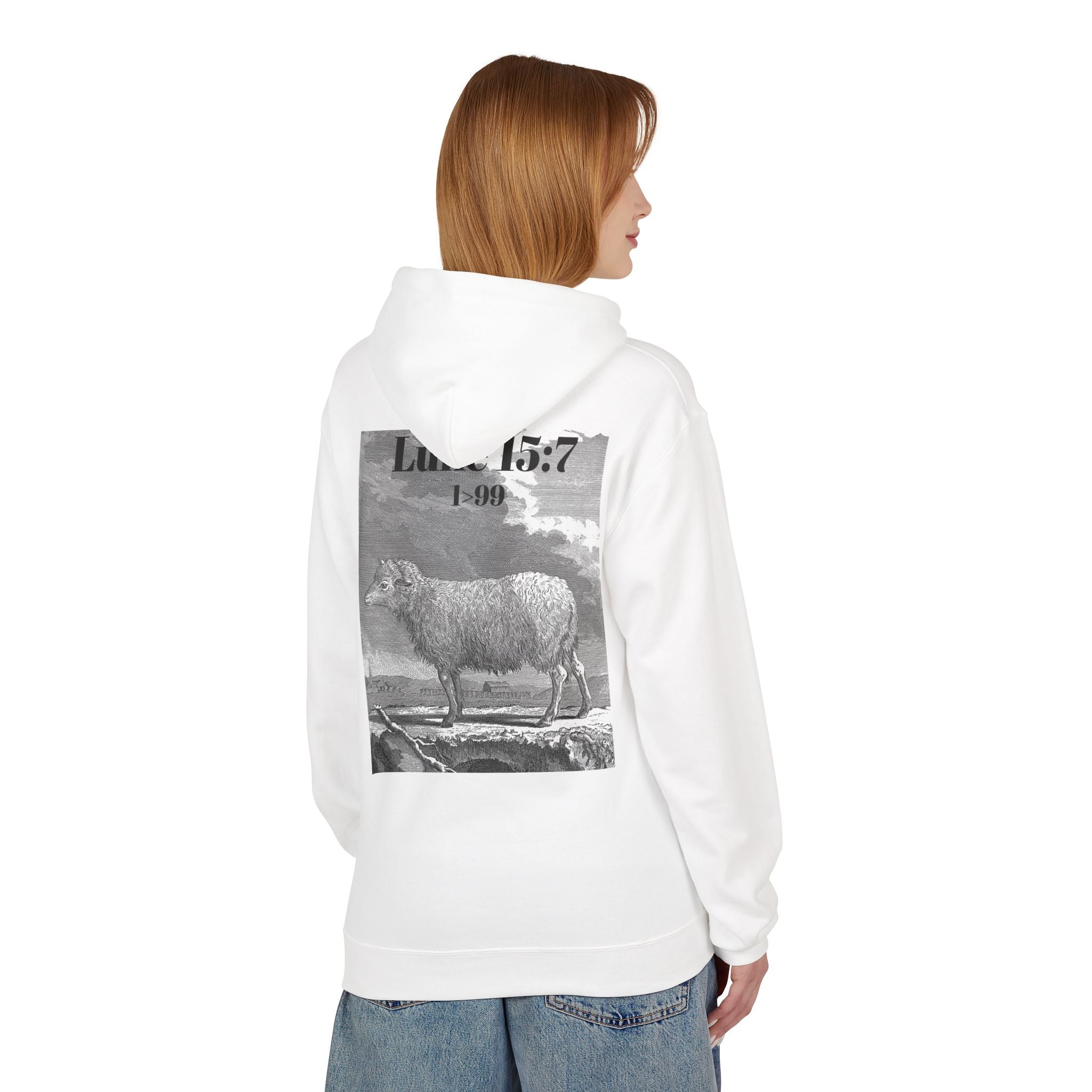 Sheep Graphic Hoodie – "FOUND" Front & Luke 15:7 Back Religious Pullover