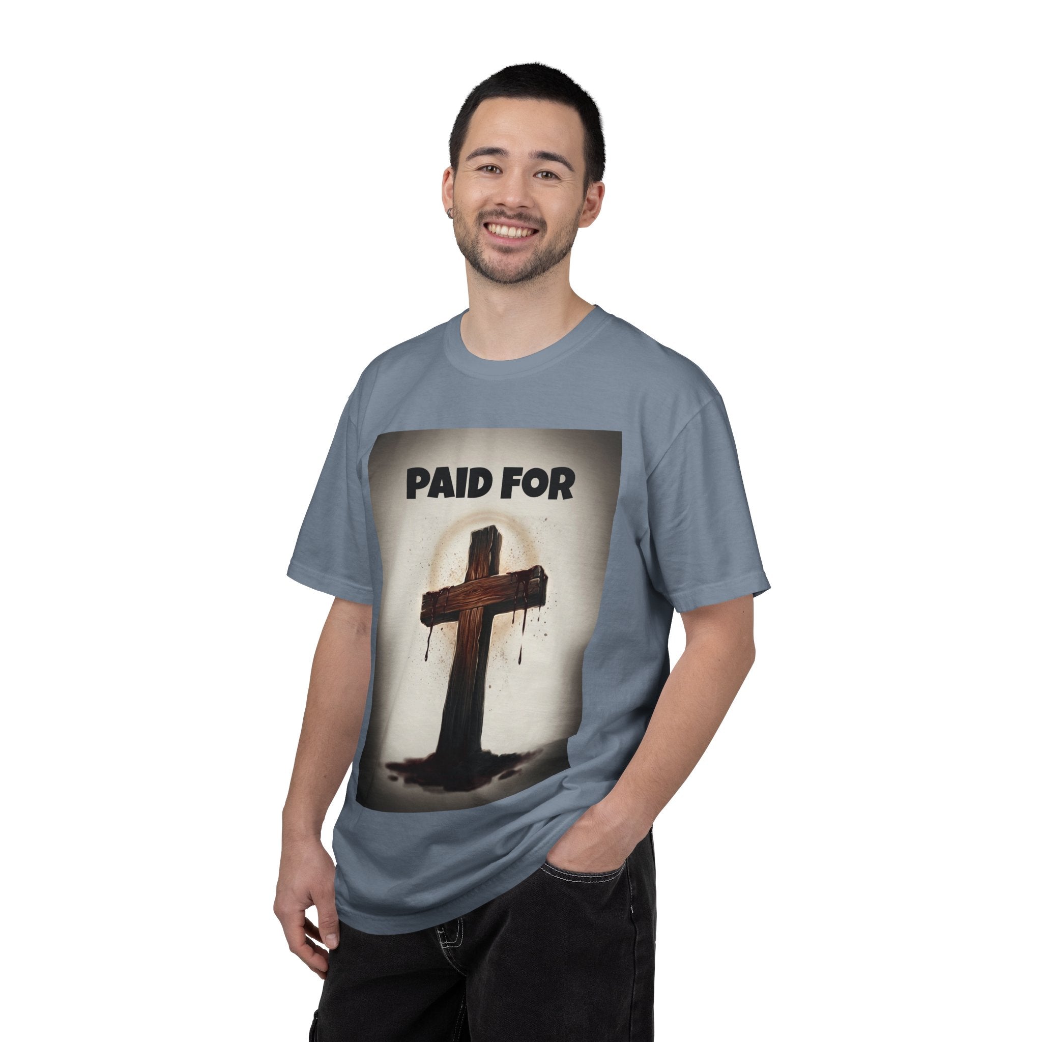 Christian T-Shirt — "Paid For" Cross Design with Rom. 10:13 Back