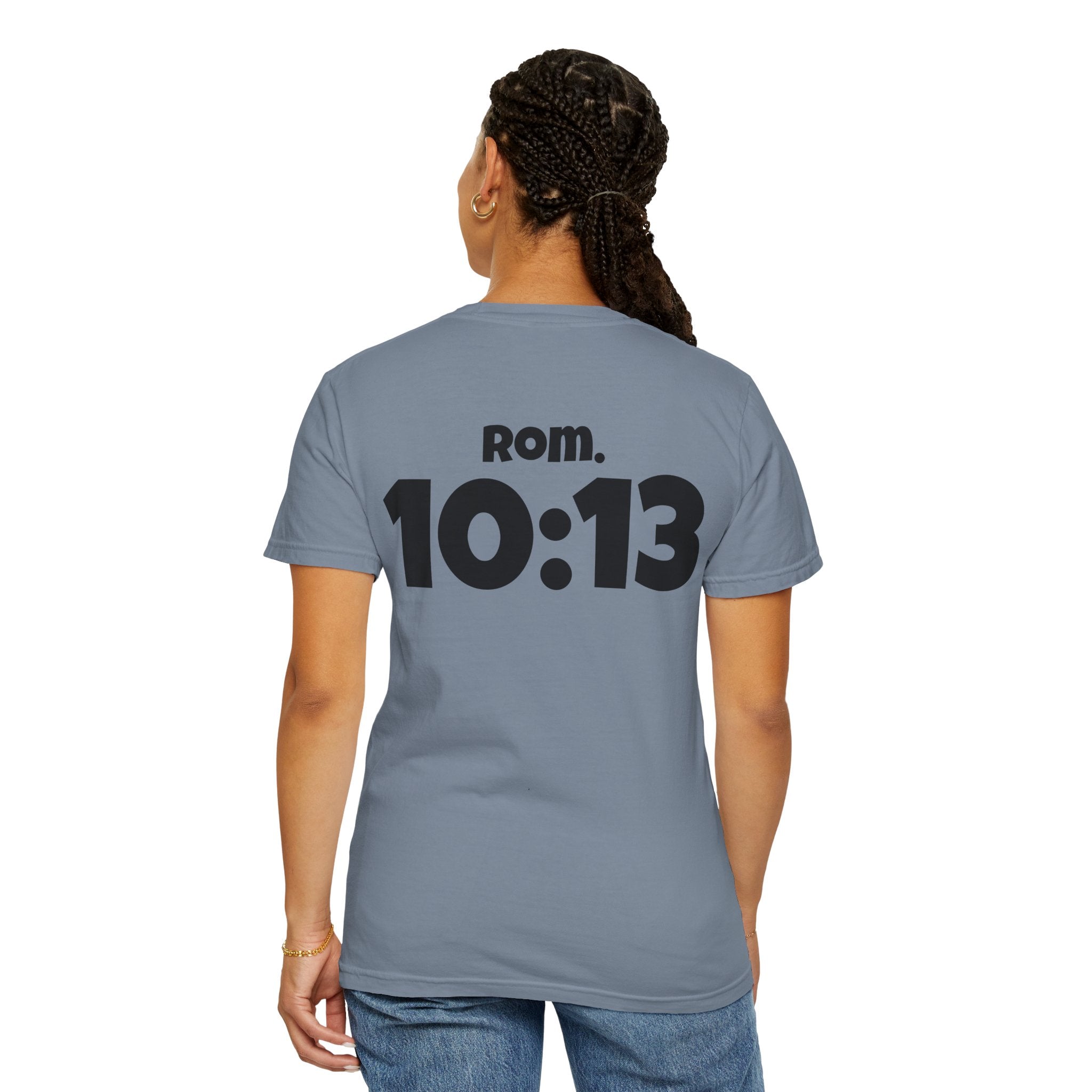 Christian T-Shirt — "Paid For" Cross Design with Rom. 10:13 Back