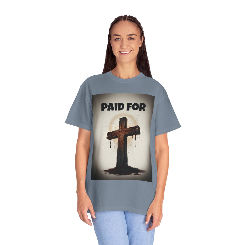 Christian T-Shirt — "Paid For" Cross Design with Rom. 10:13 Back
