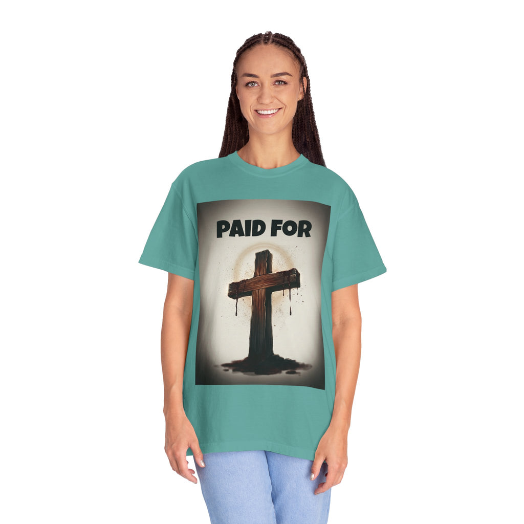 Christian T-Shirt — "Paid For" Cross Design with Rom. 10:13 Back