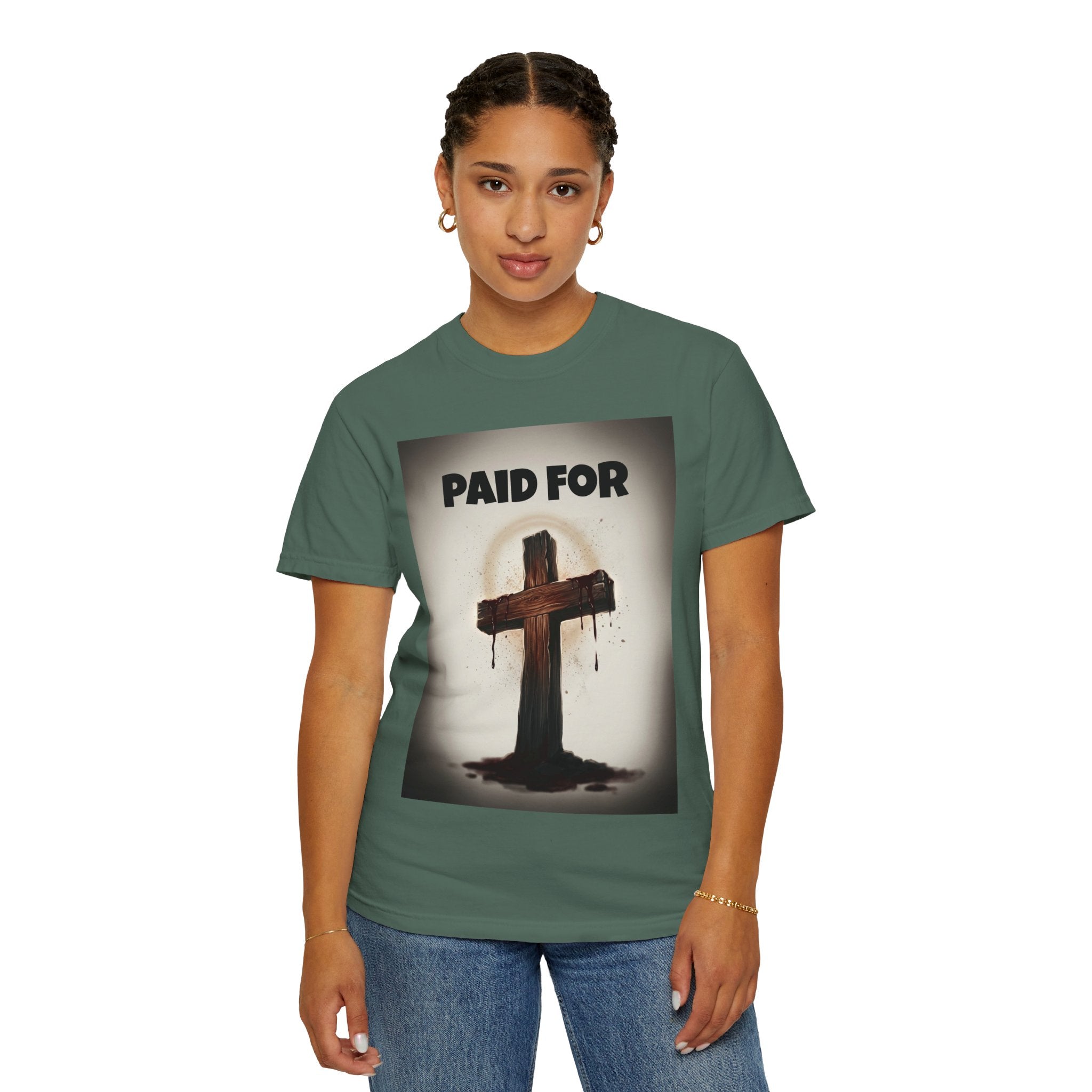 Christian T-Shirt — "Paid For" Cross Design with Rom. 10:13 Back