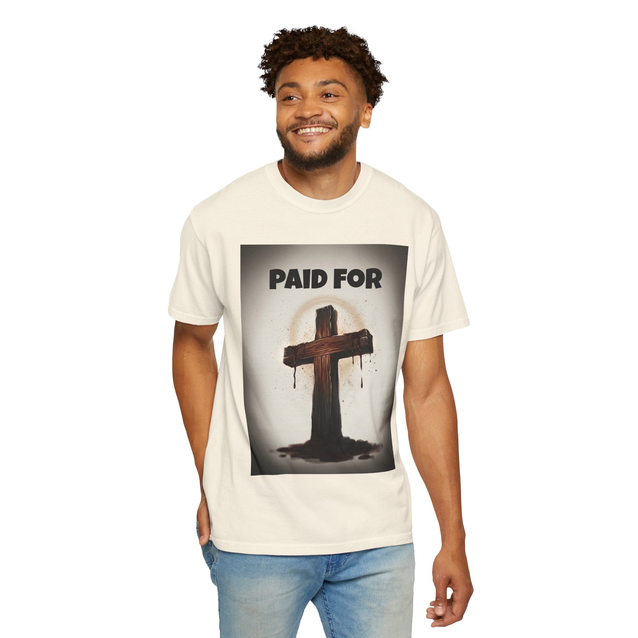 Christian T-Shirt — "Paid For" Cross Design with Rom. 10:13 Back