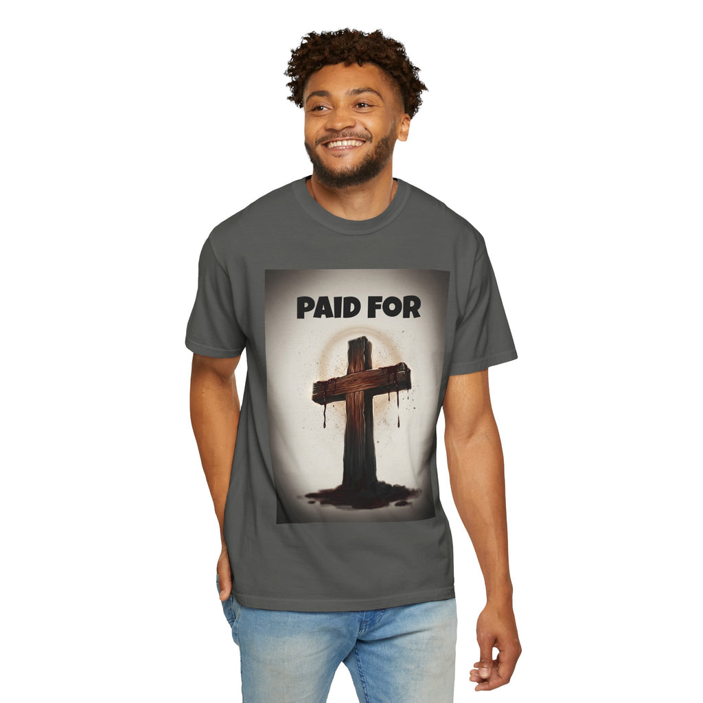 Christian T-Shirt — "Paid For" Cross Design with Rom. 10:13 Back