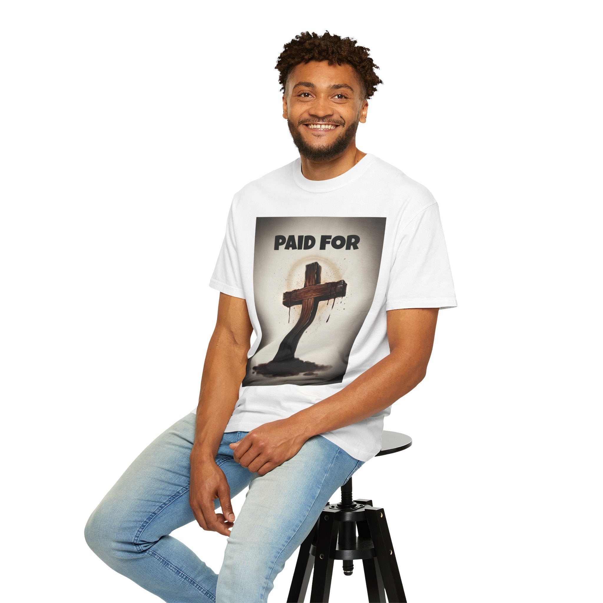 Christian T-Shirt — "Paid For" Cross Design with Rom. 10:13 Back
