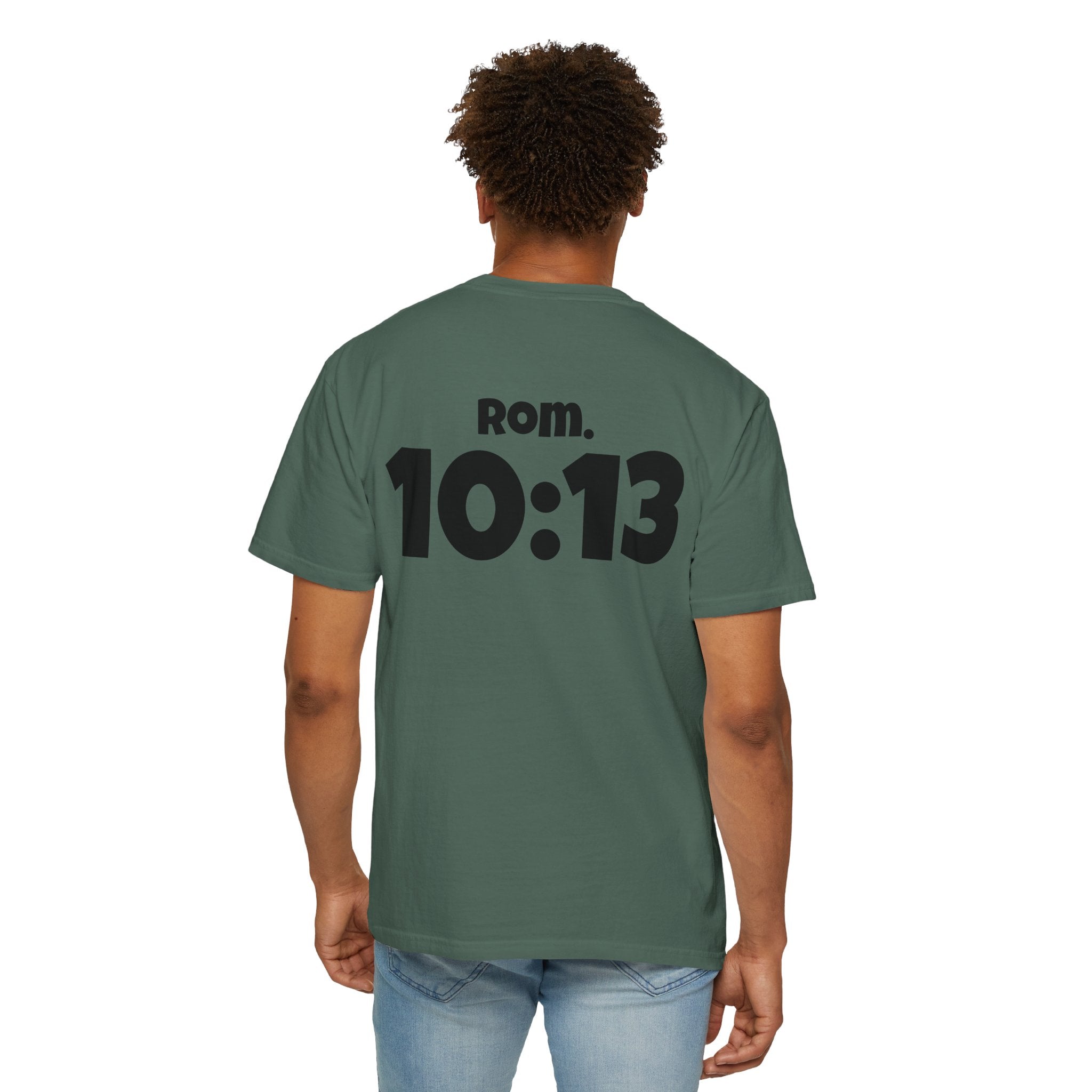 Christian T-Shirt — "Paid For" Cross Design with Rom. 10:13 Back