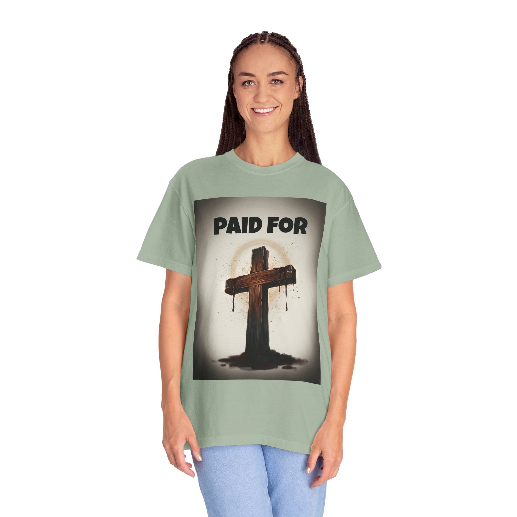 Christian T-Shirt — "Paid For" Cross Design with Rom. 10:13 Back