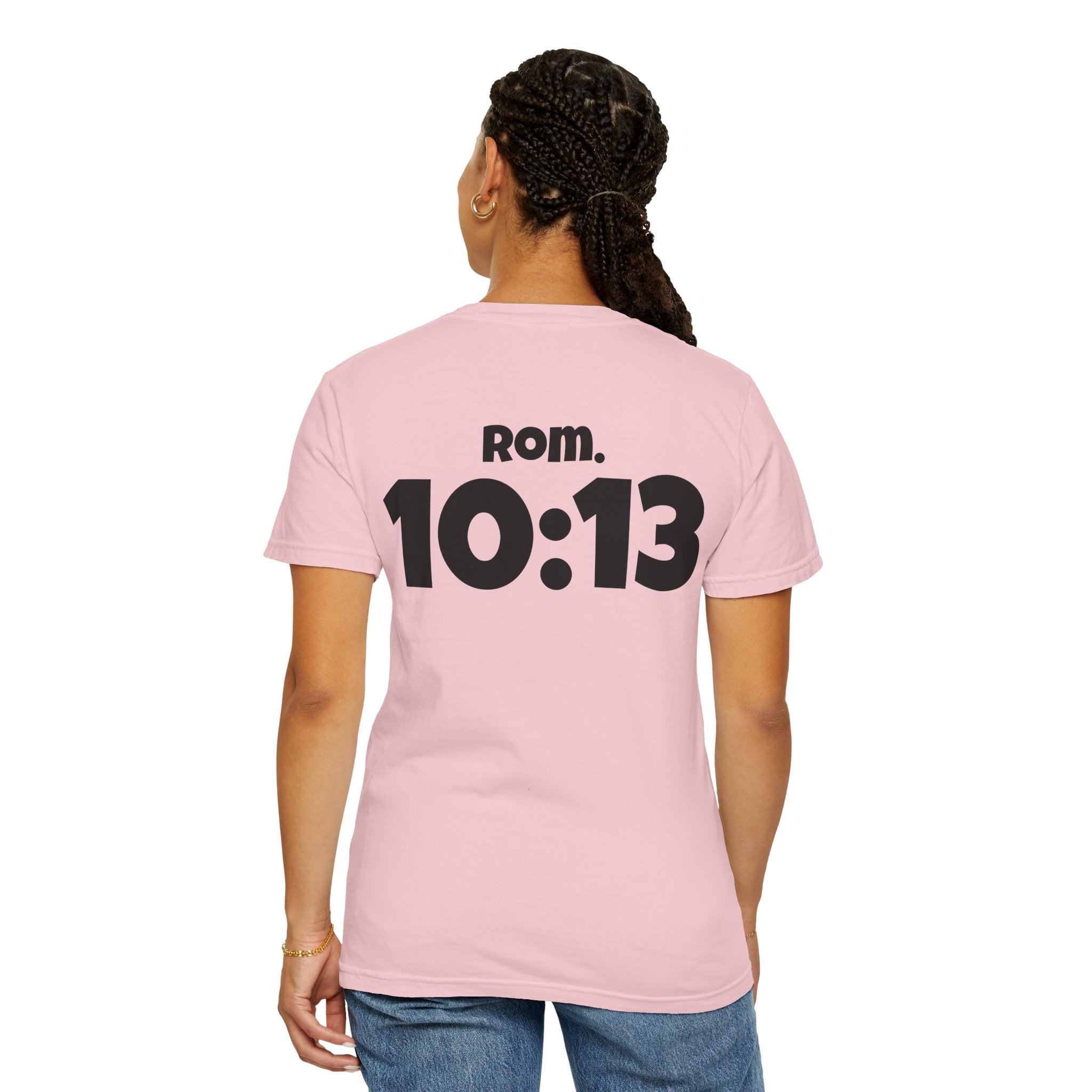 Christian T-Shirt — "Paid For" Cross Design with Rom. 10:13 Back