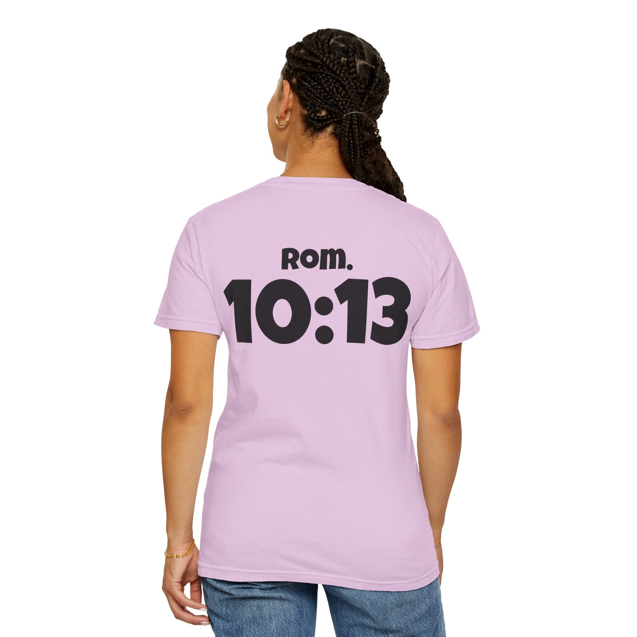 Christian T-Shirt — "Paid For" Cross Design with Rom. 10:13 Back
