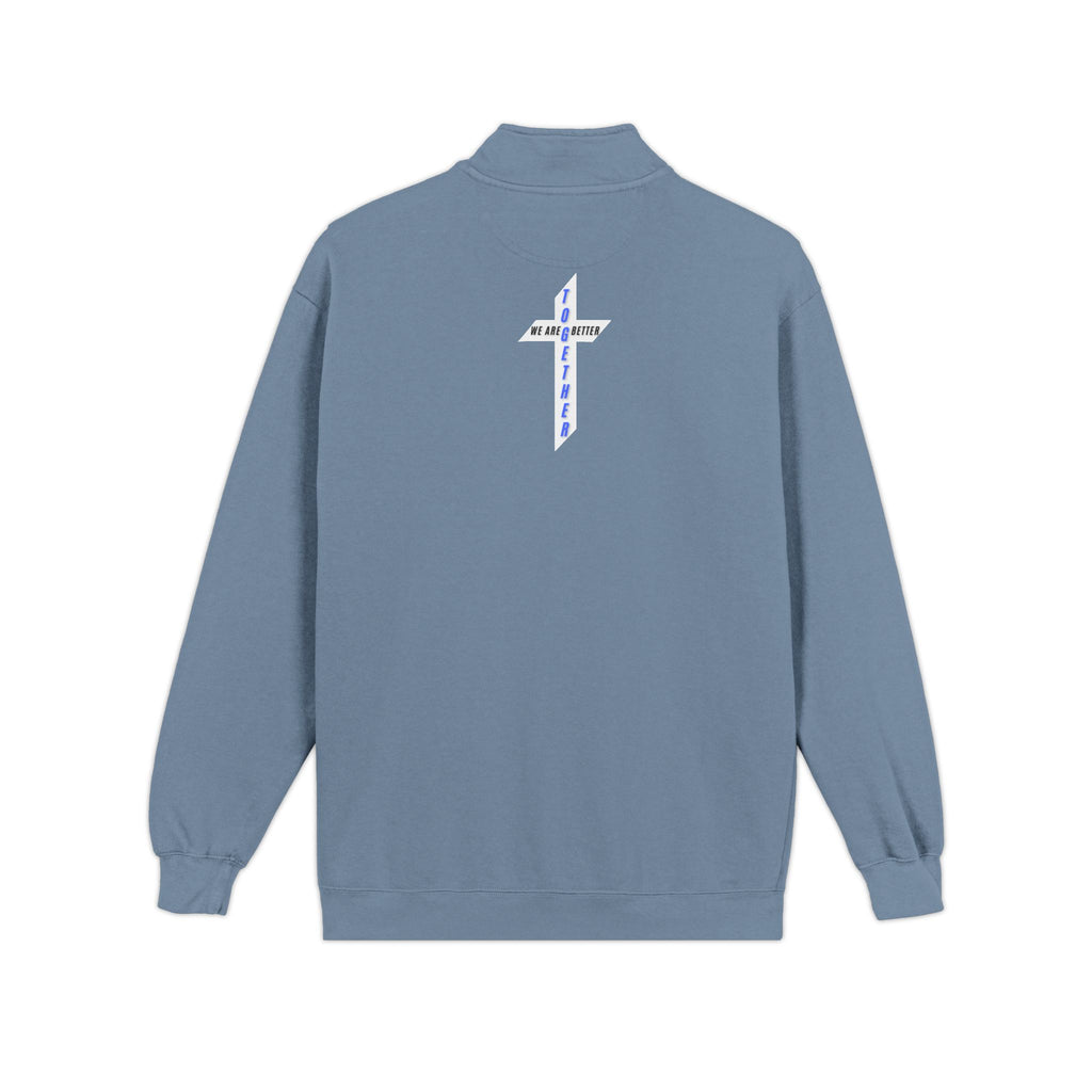 Quarter-Zip Sweatshirt — Small Chest Badge & Back Cross Graphic (Faith-Inspired)
