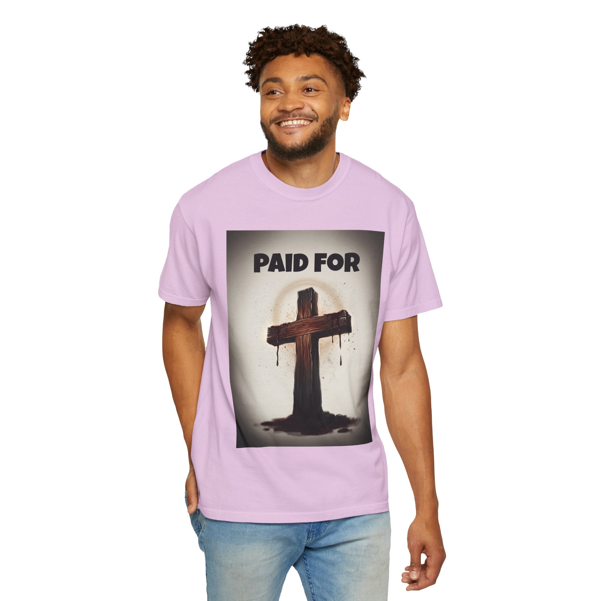 Christian T-Shirt — "Paid For" Cross Design with Rom. 10:13 Back