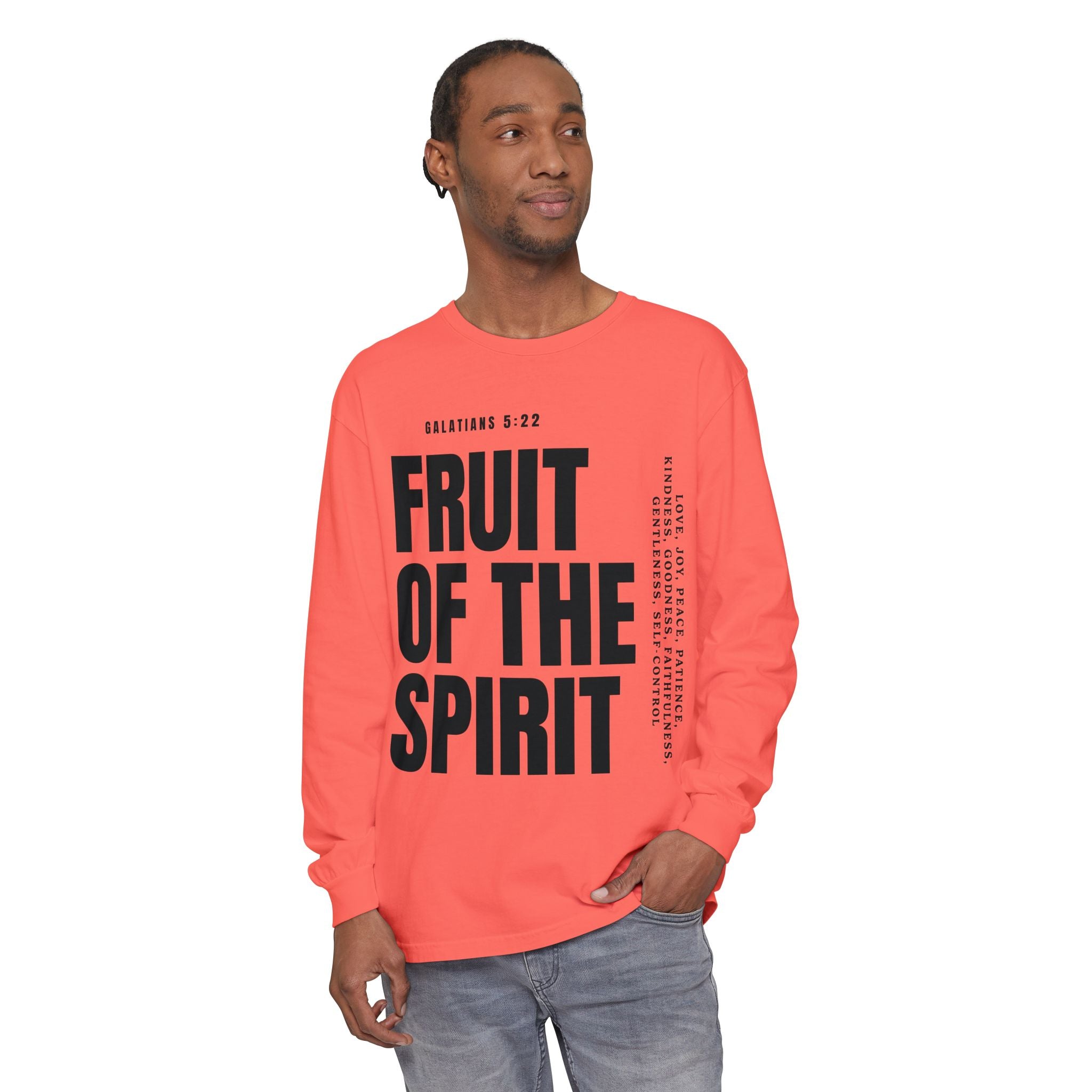 Fruit of the Spirit Long Sleeve Tee — Galatians 5:22 Christian Graphic Shirt (Be Fruitful)