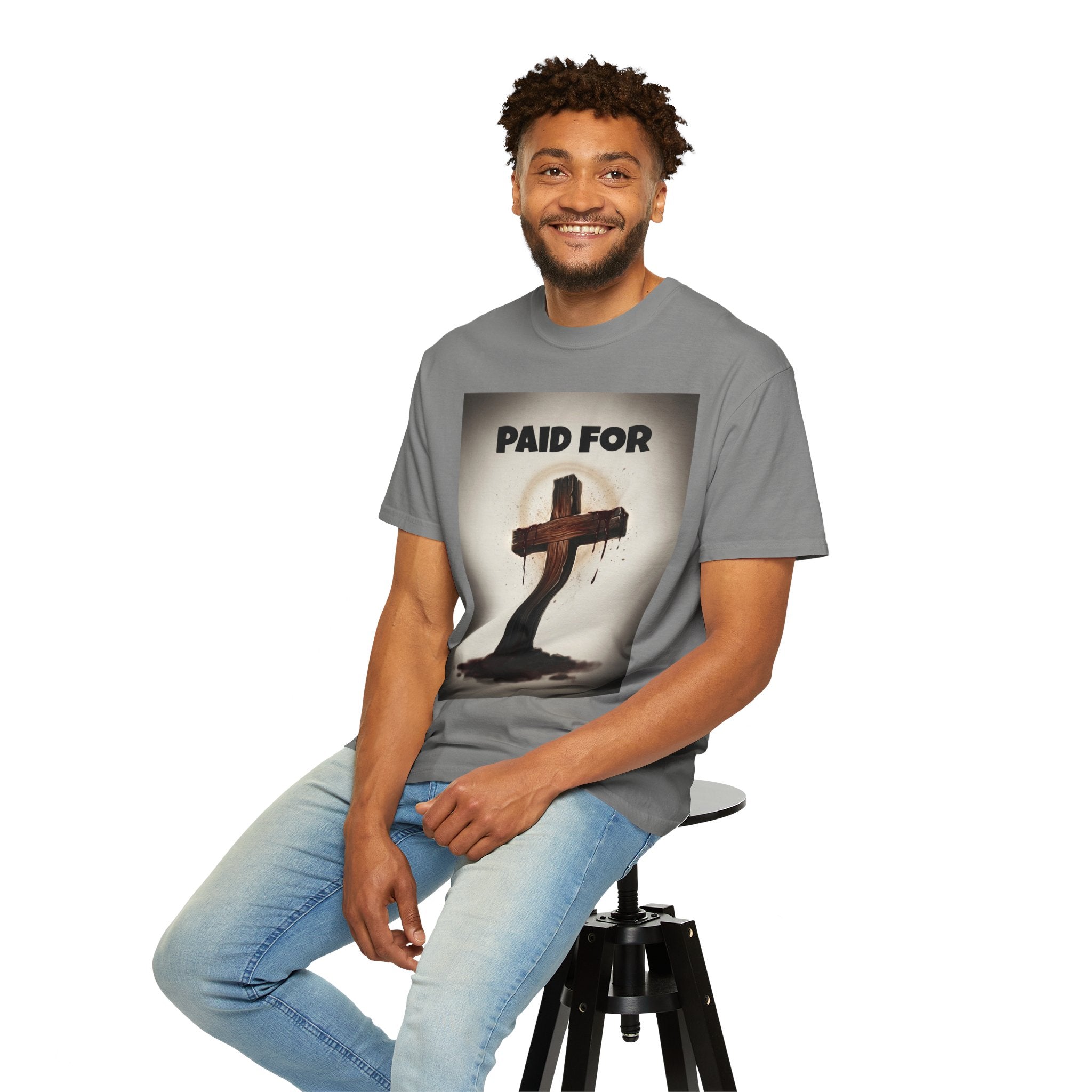 Christian T-Shirt — "Paid For" Cross Design with Rom. 10:13 Back