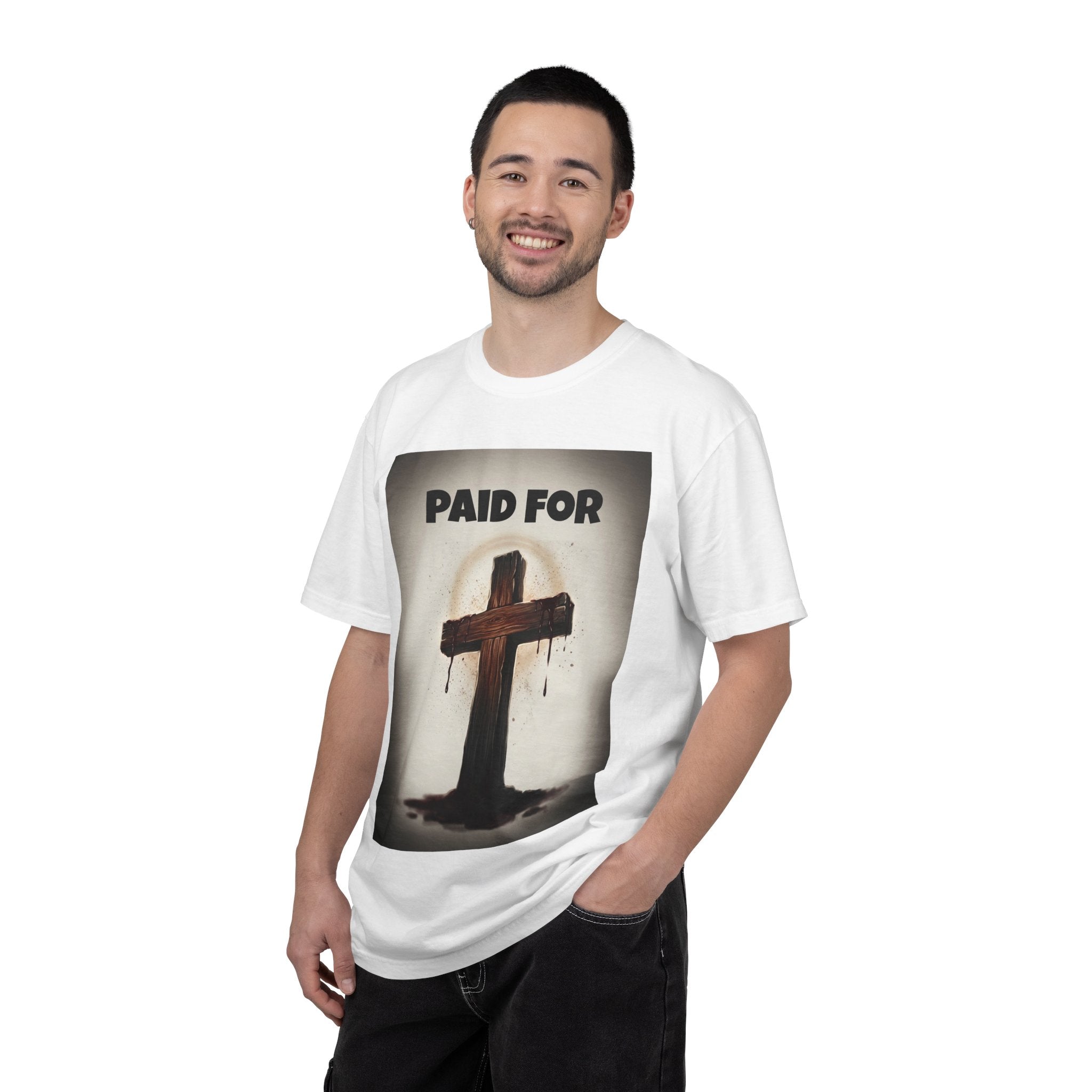 Christian T-Shirt — "Paid For" Cross Design with Rom. 10:13 Back