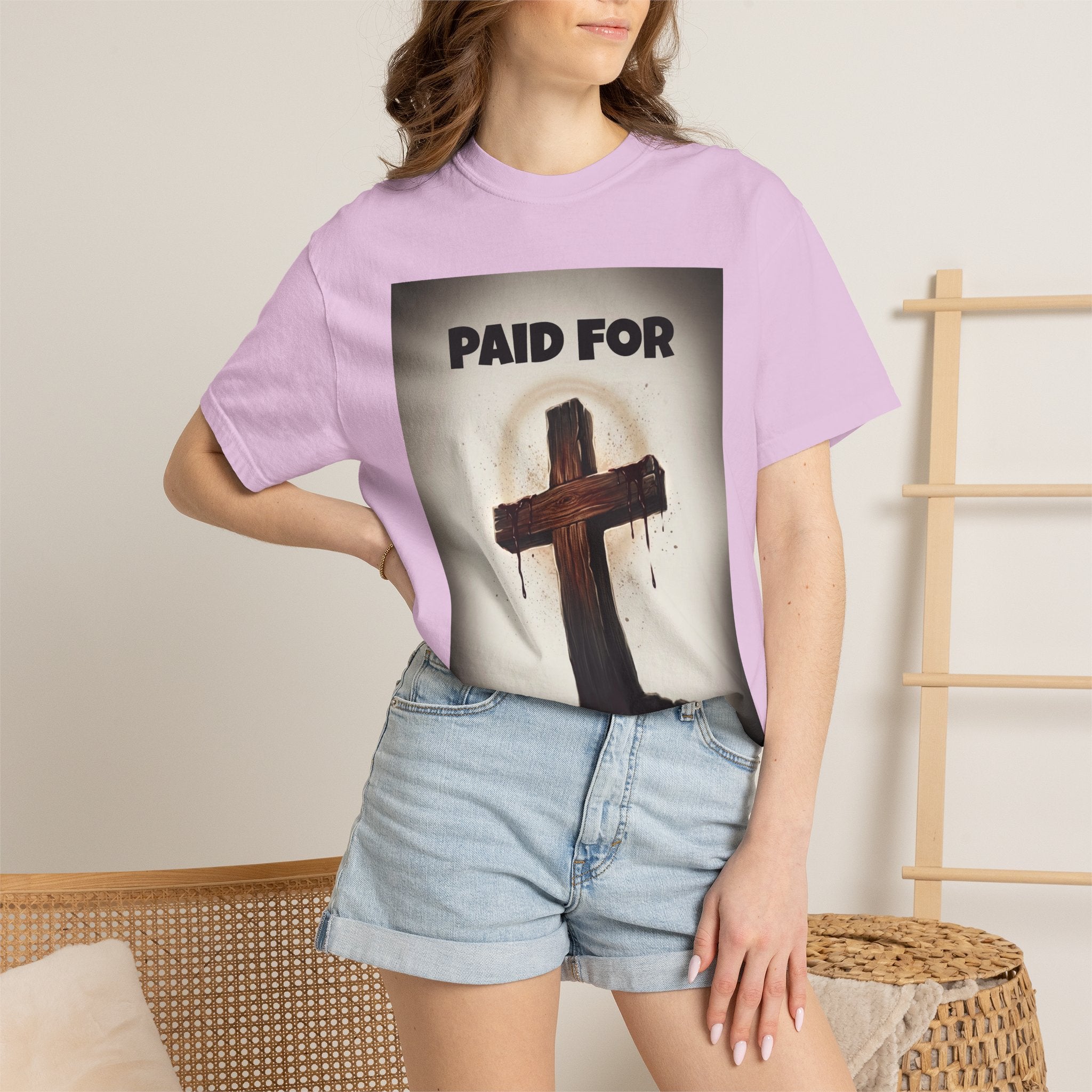 Christian T-Shirt — "Paid For" Cross Design with Rom. 10:13 Back