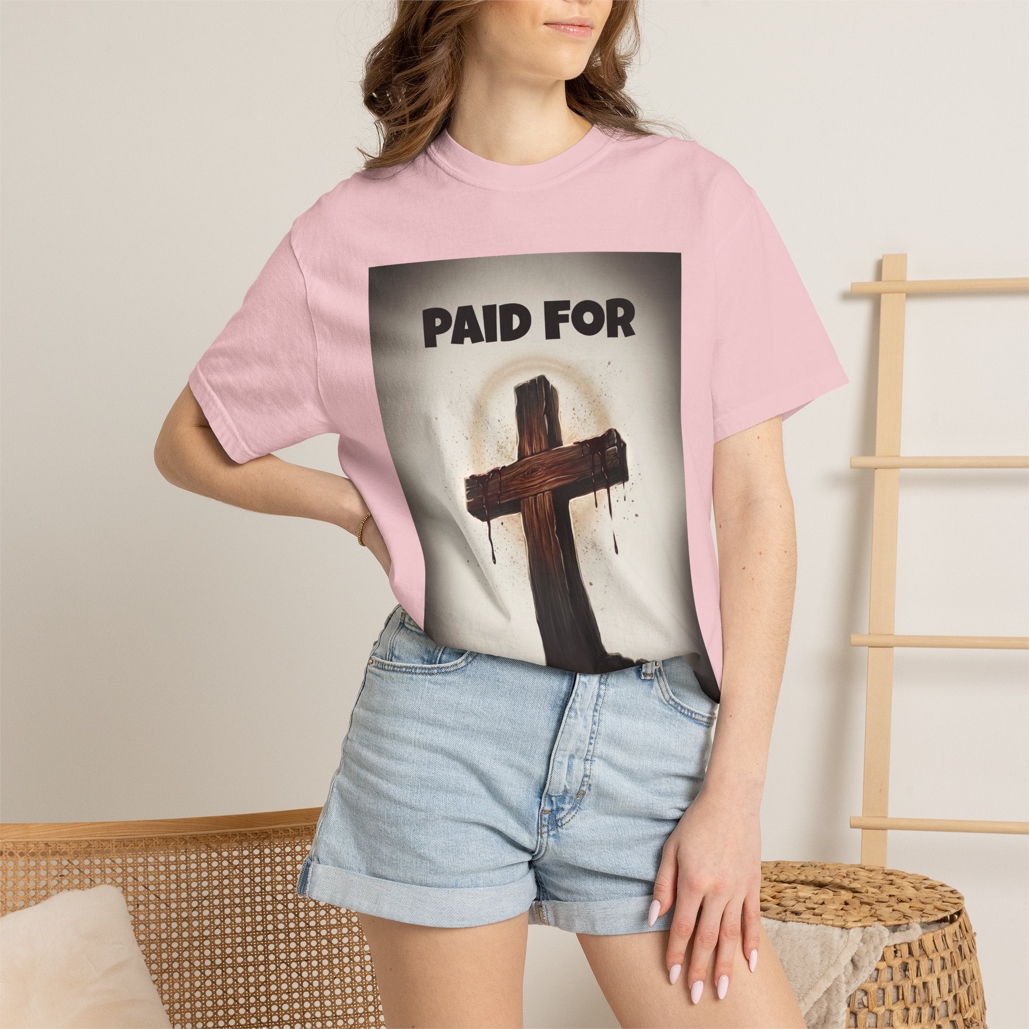 Christian T-Shirt — "Paid For" Cross Design with Rom. 10:13 Back