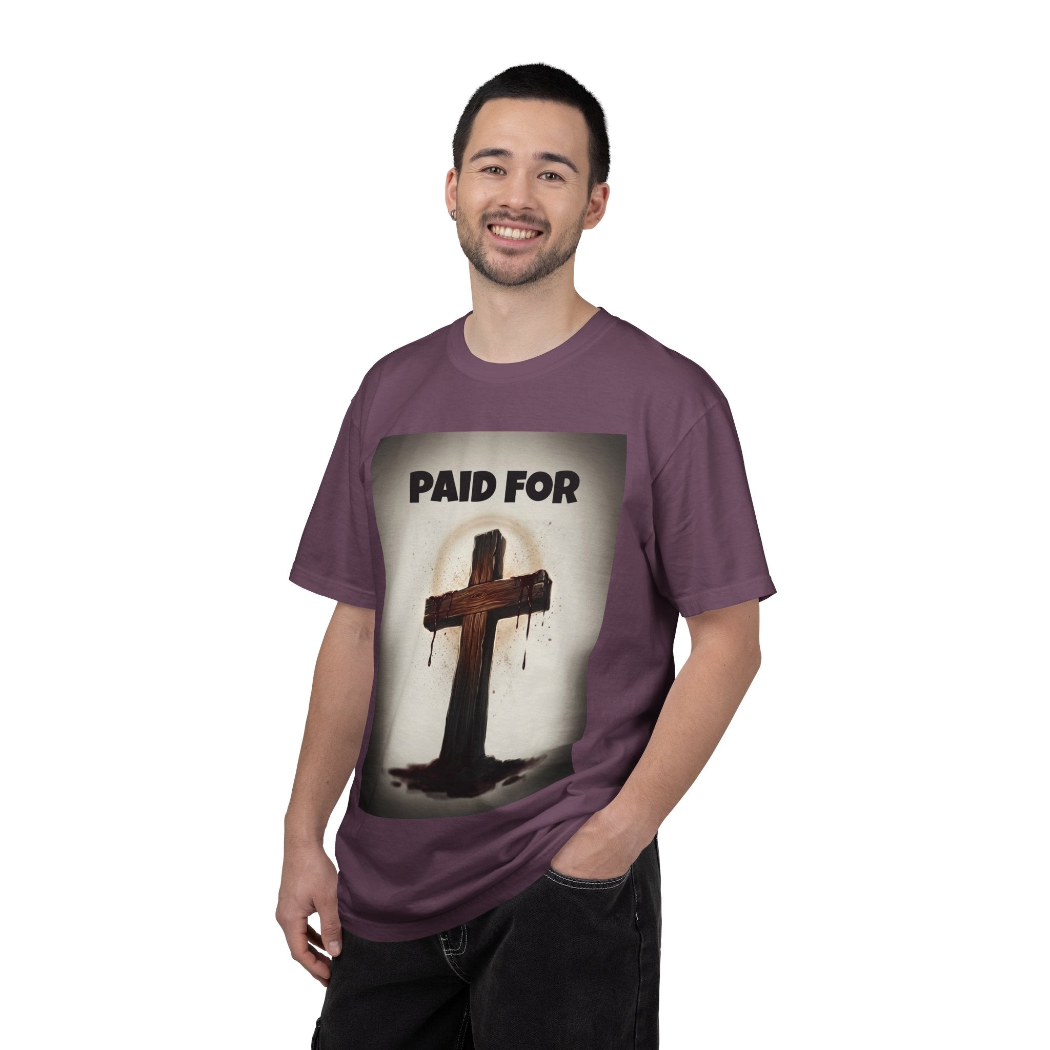 Christian T-Shirt — "Paid For" Cross Design with Rom. 10:13 Back