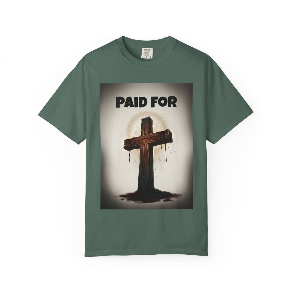 Christian T-Shirt — "Paid For" Cross Design with Rom. 10:13 Back