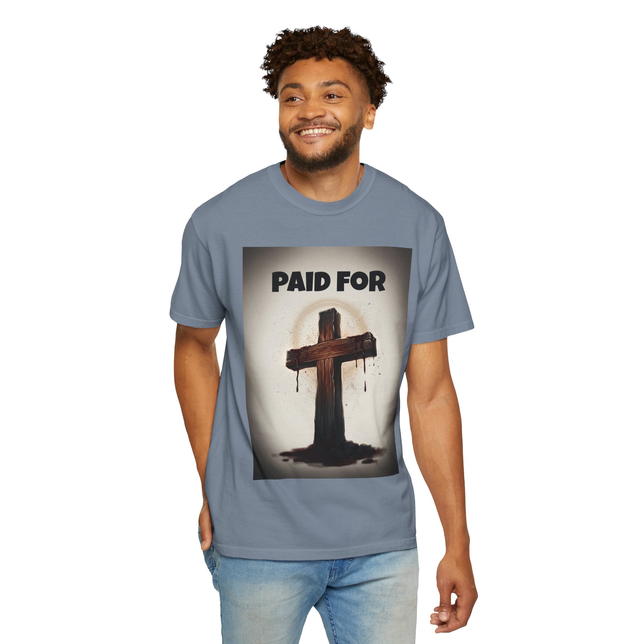 Christian T-Shirt — "Paid For" Cross Design with Rom. 10:13 Back
