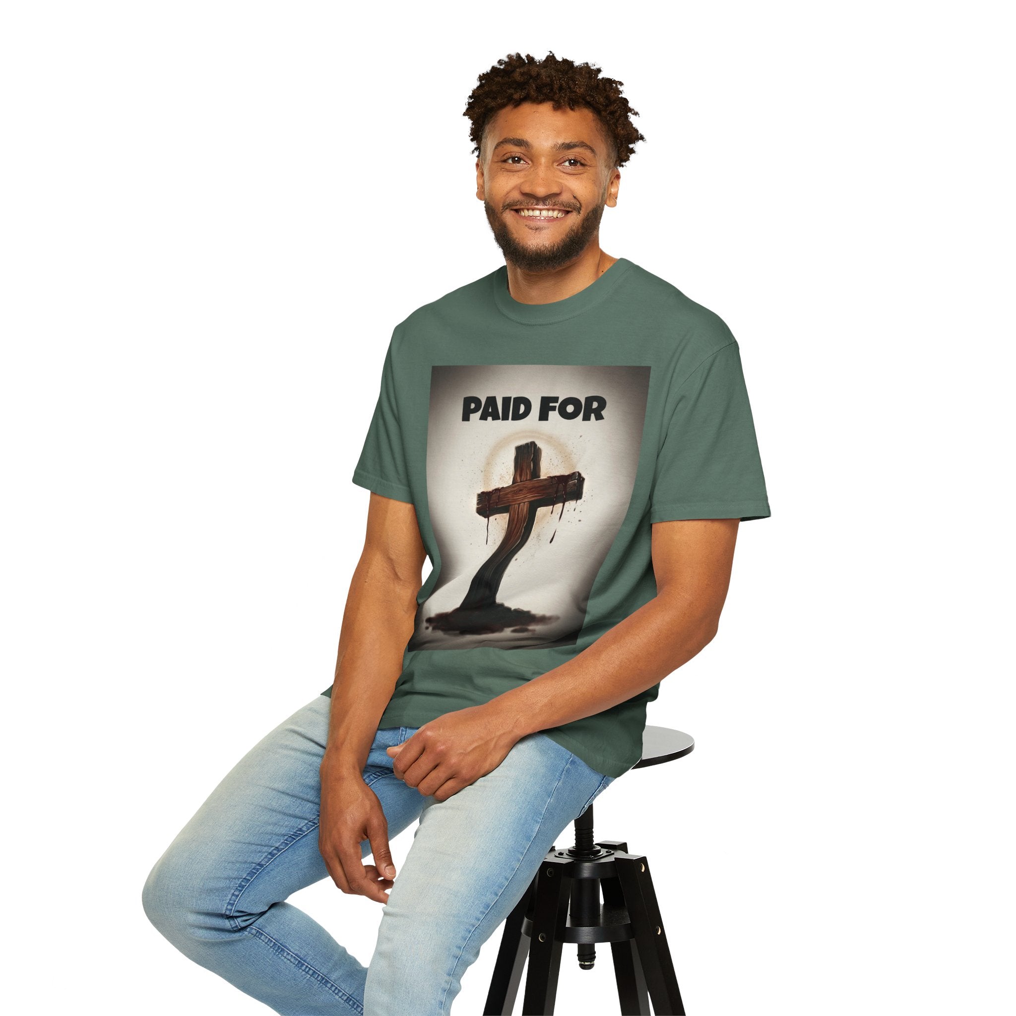 Christian T-Shirt — "Paid For" Cross Design with Rom. 10:13 Back