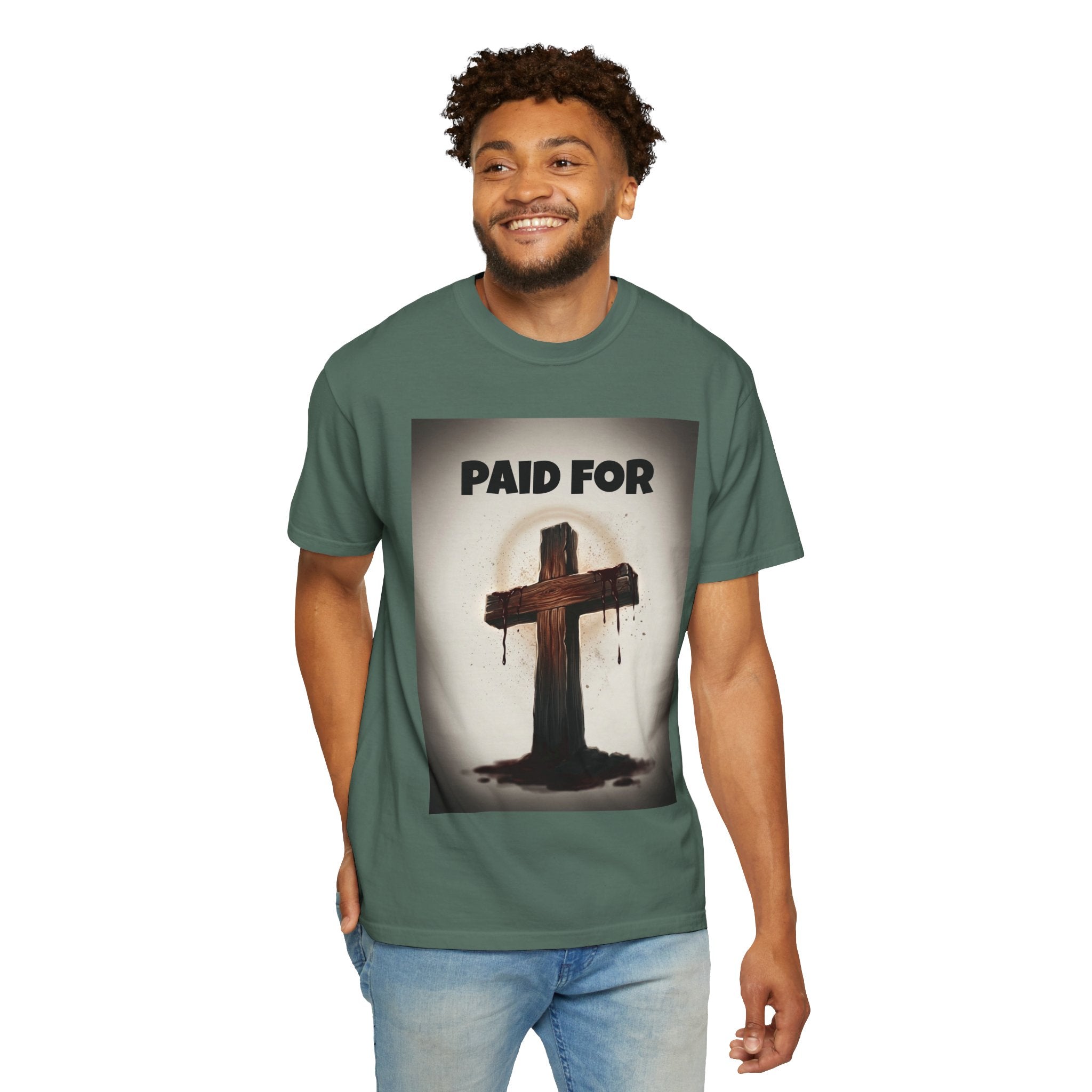 Christian T-Shirt — "Paid For" Cross Design with Rom. 10:13 Back