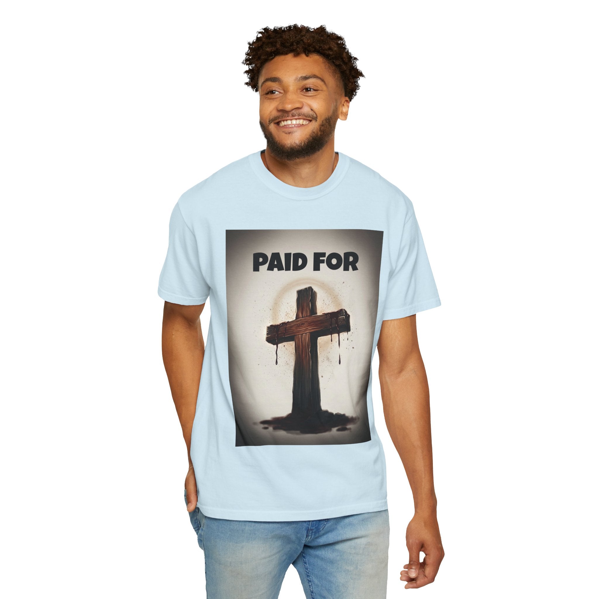 Christian T-Shirt — "Paid For" Cross Design with Rom. 10:13 Back