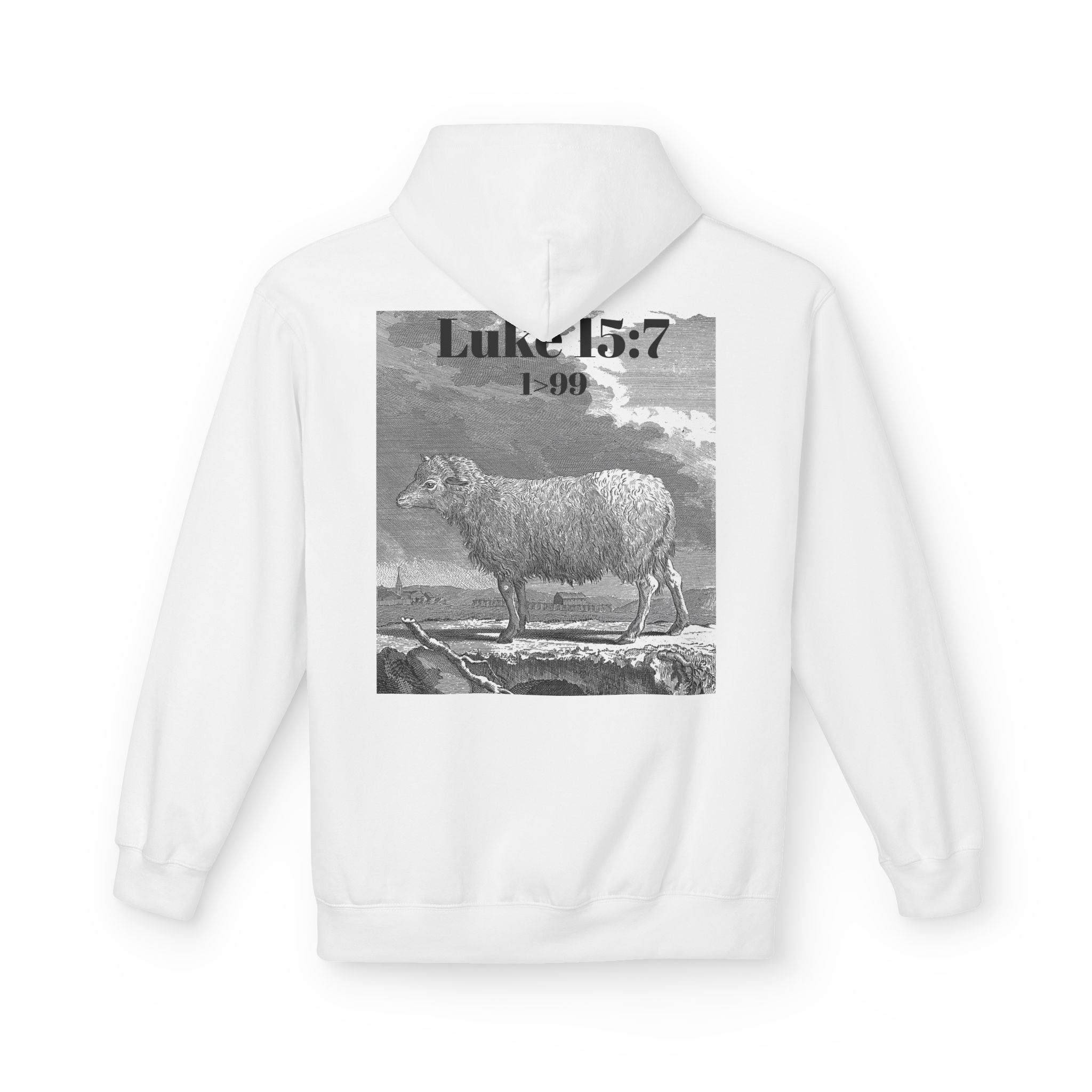 Sheep Graphic Hoodie – "FOUND" Front & Luke 15:7 Back Religious Pullover