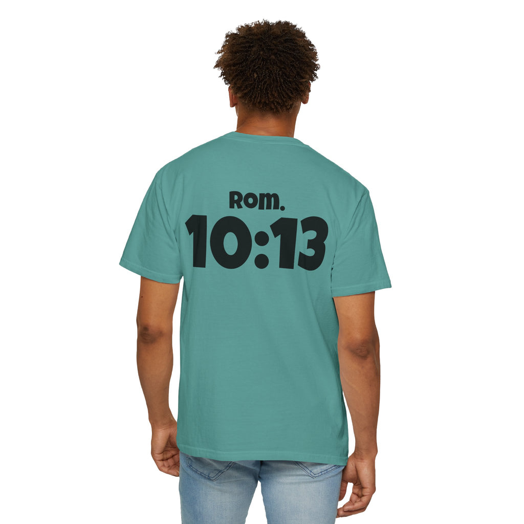 Christian T-Shirt — "Paid For" Cross Design with Rom. 10:13 Back
