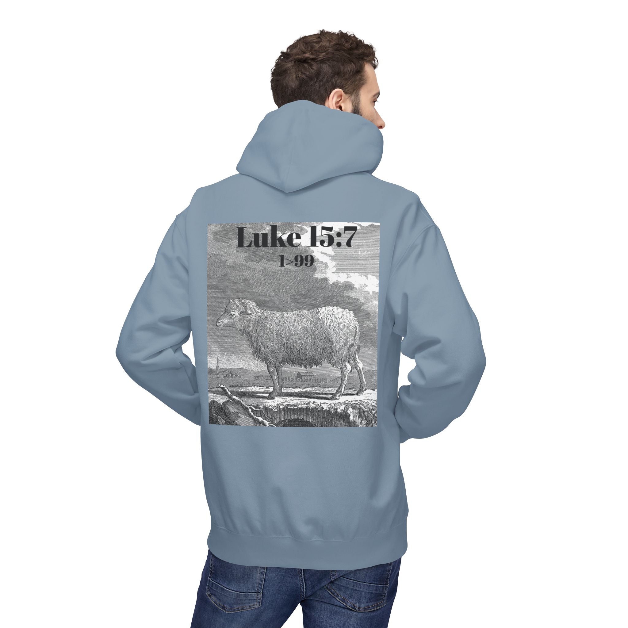 Sheep Graphic Hoodie – "FOUND" Front & Luke 15:7 Back Religious Pullover