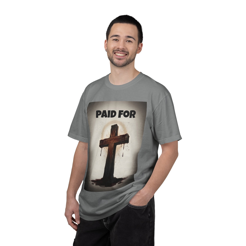 Christian T-Shirt — "Paid For" Cross Design with Rom. 10:13 Back