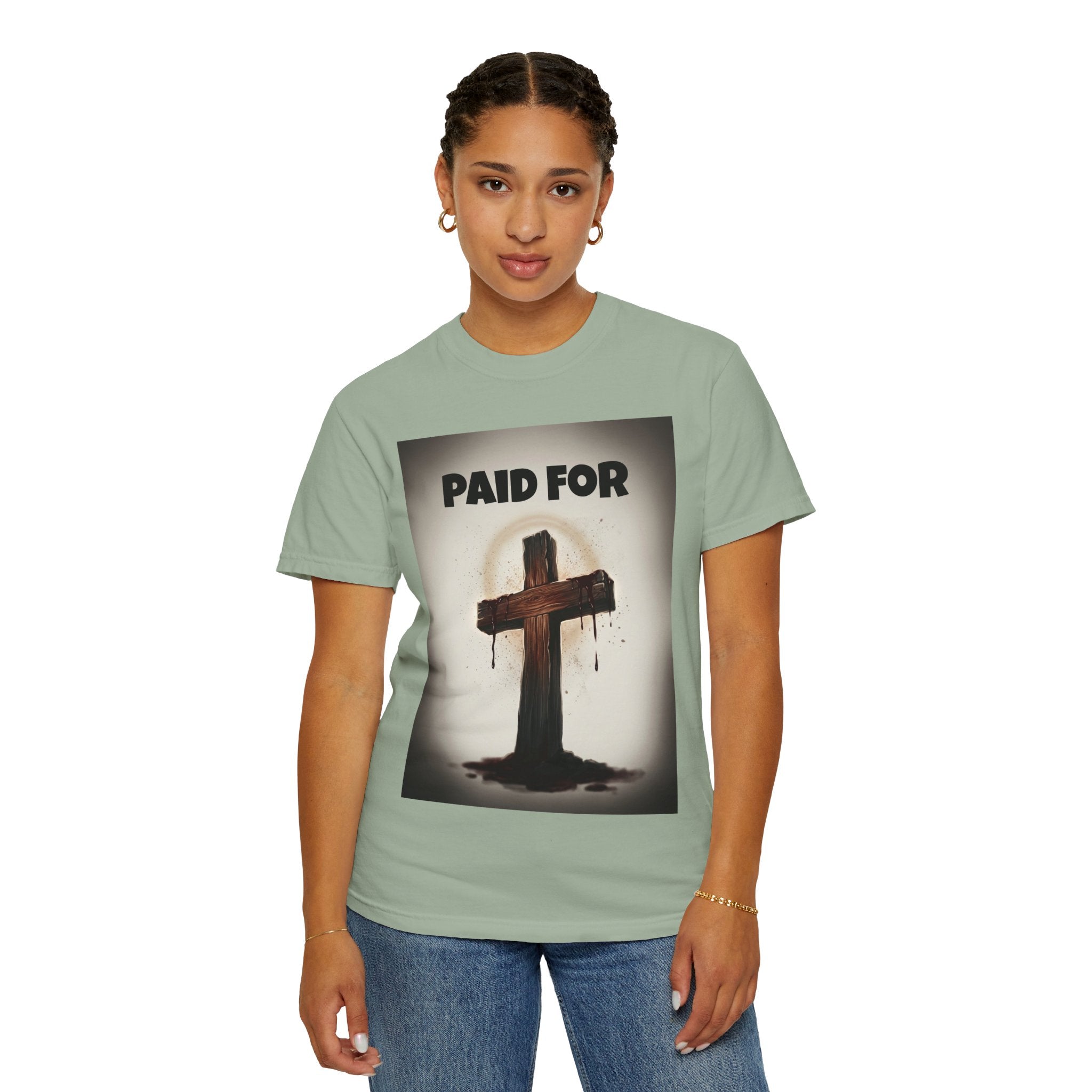 Christian T-Shirt — "Paid For" Cross Design with Rom. 10:13 Back