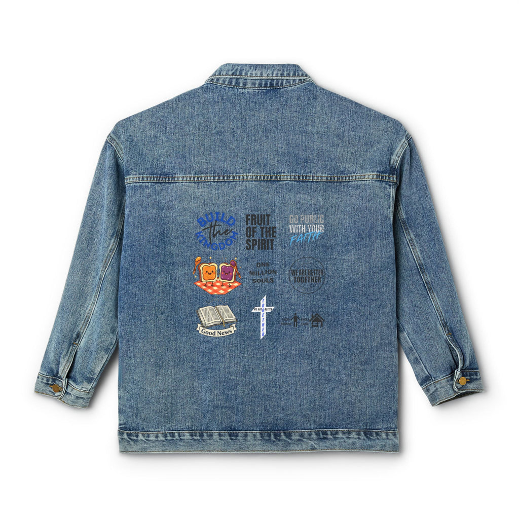 Women's Denim Jacket — Retro Patchback Bishop & Cross Graphic Jacket