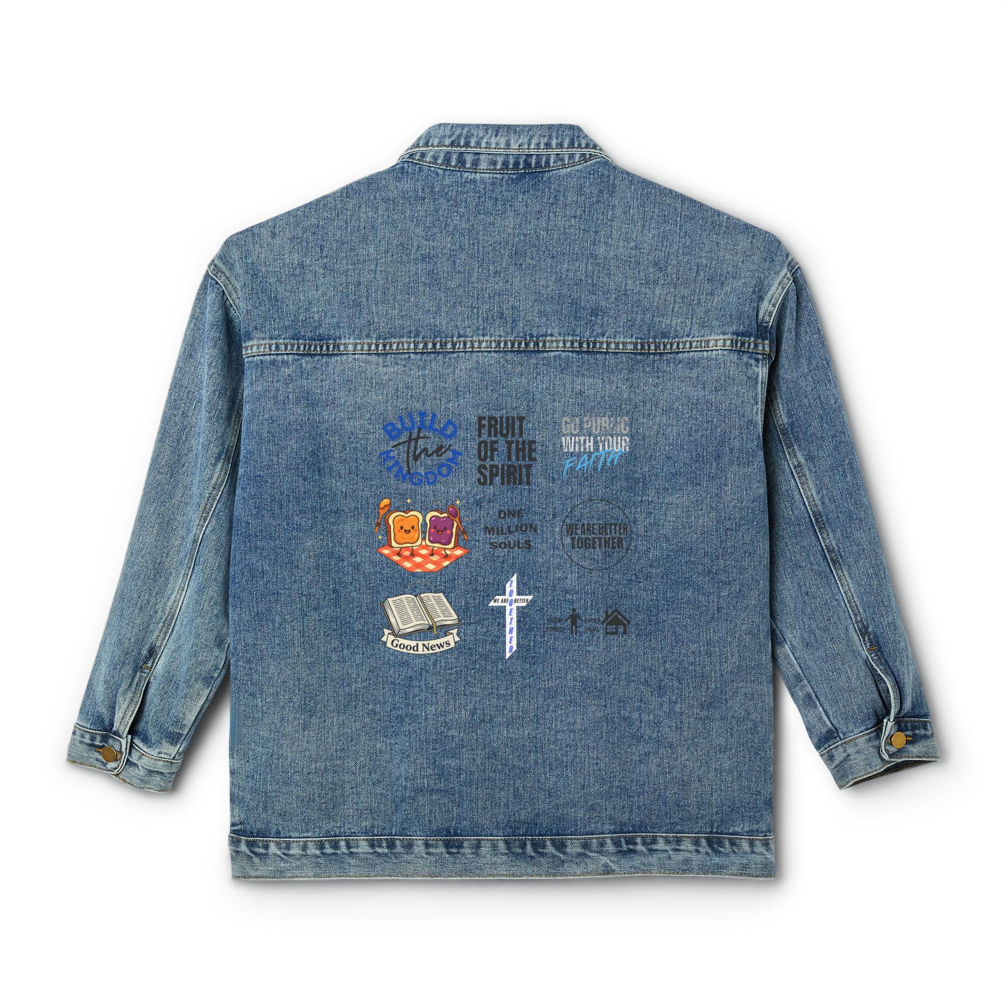 Women's Denim Jacket — Retro Patchback Bishop & Cross Graphic Jacket