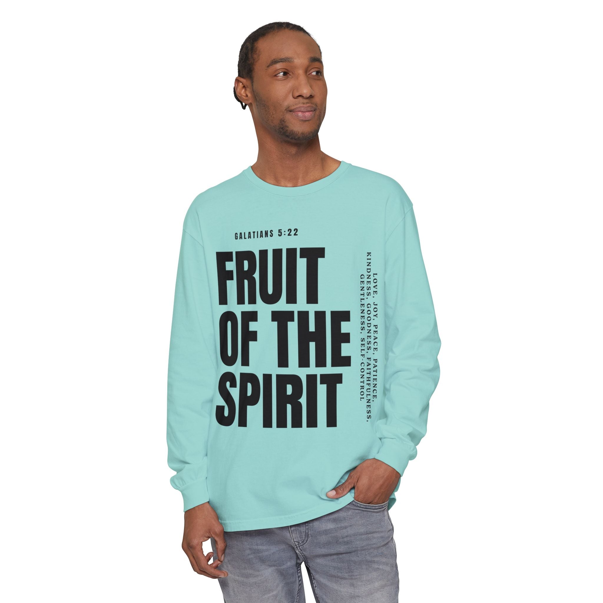 Fruit of the Spirit Long Sleeve Tee — Galatians 5:22 Christian Graphic Shirt (Be Fruitful)