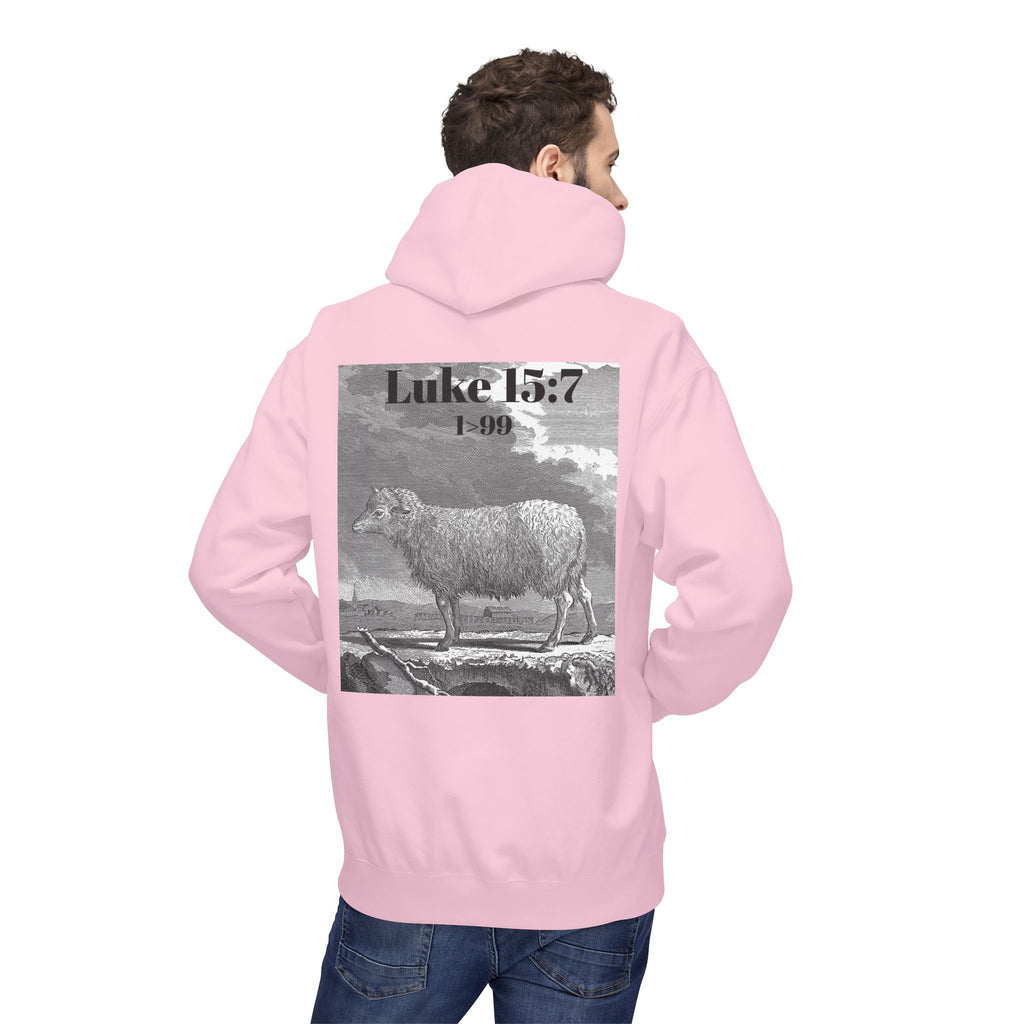 Sheep Graphic Hoodie – "FOUND" Front & Luke 15:7 Back Religious Pullover