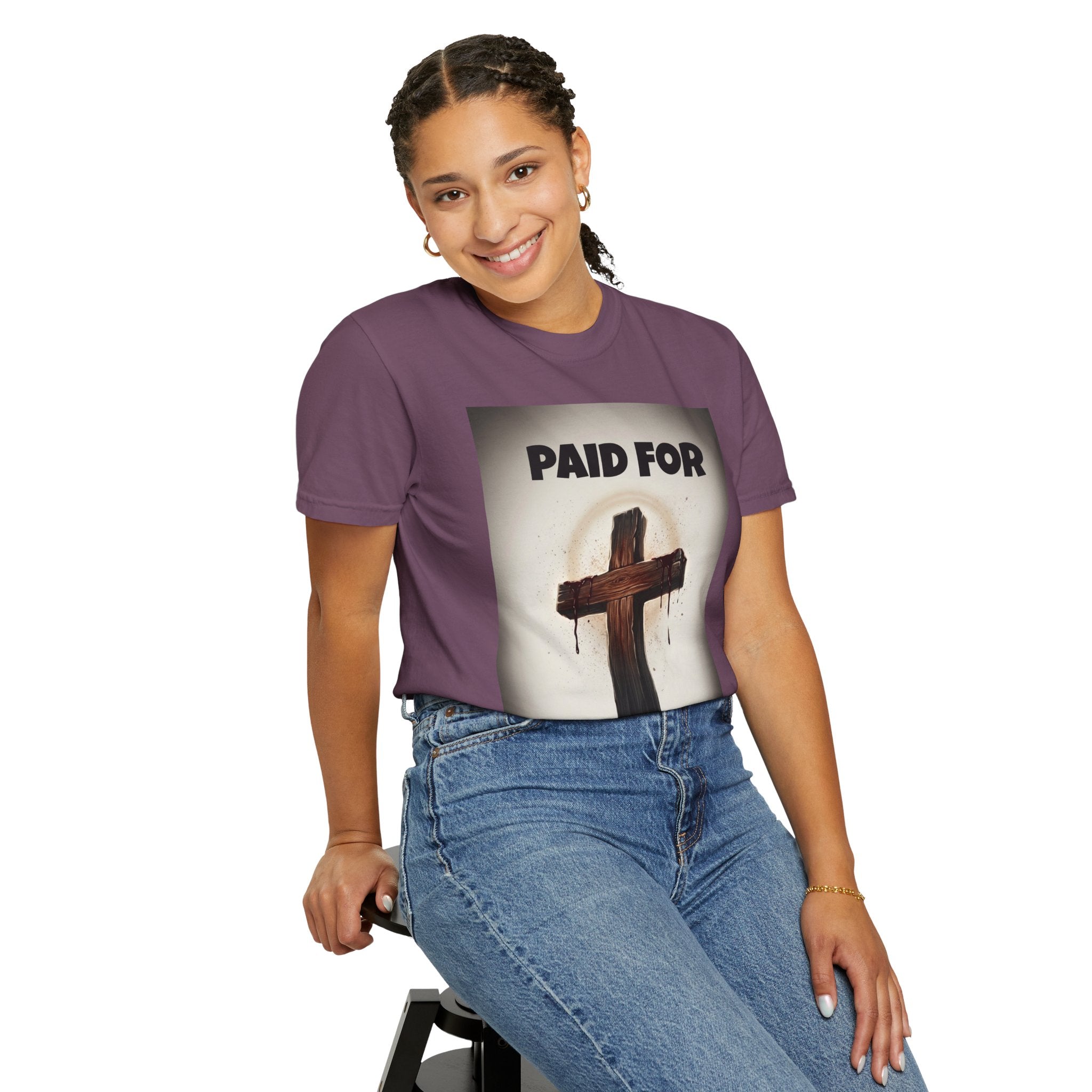 Christian T-Shirt — "Paid For" Cross Design with Rom. 10:13 Back