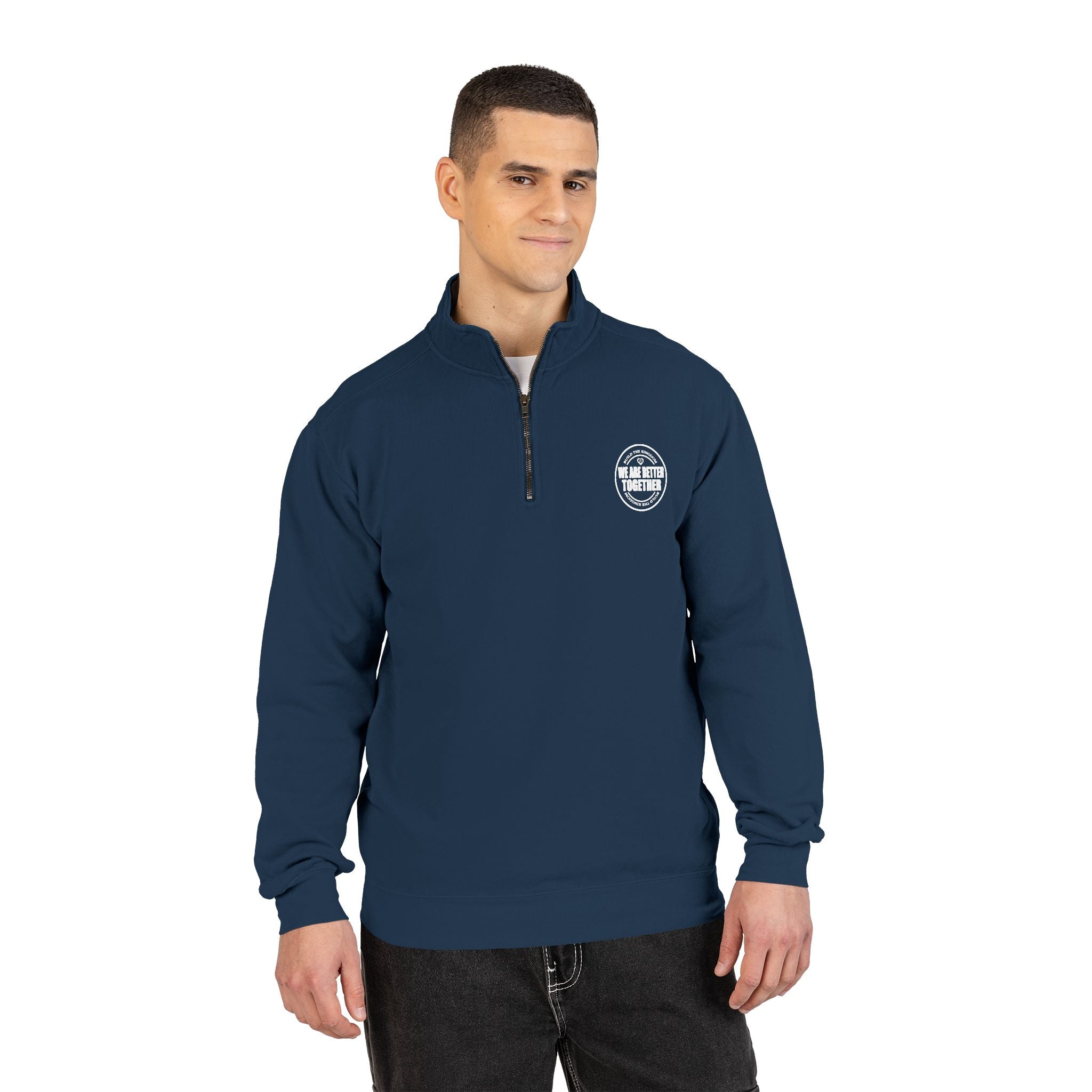 Quarter-Zip Sweatshirt — Small Chest Badge & Back Cross Graphic (Faith-Inspired)